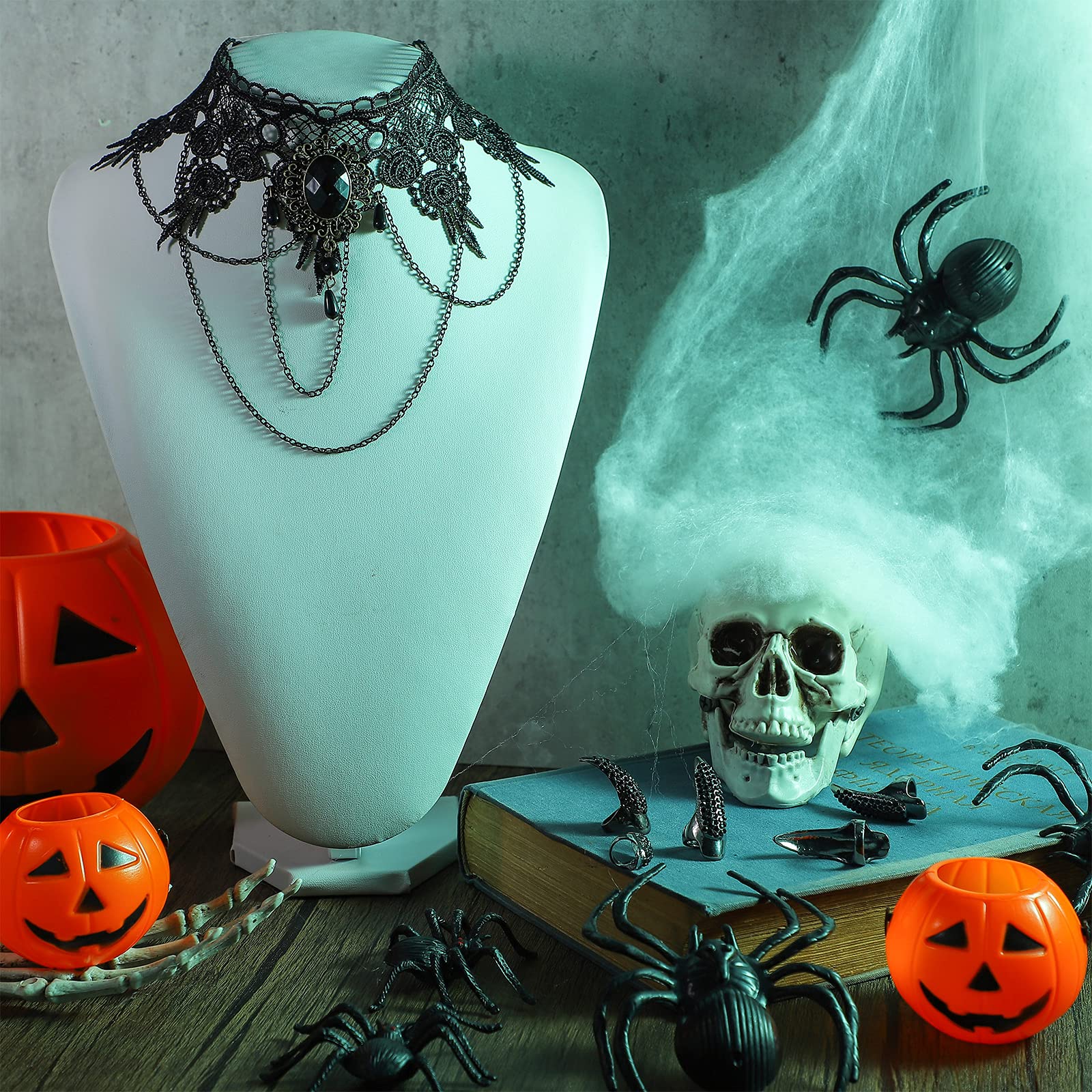 10 Pieces Halloween Claw Nail Rings Set - 3 Sizes Gothic Punk Fake Nails with Black Lace Choker Necklace for Women, Halloween Costume Accessories for Parties, Cosplay and Gothic Fashion
