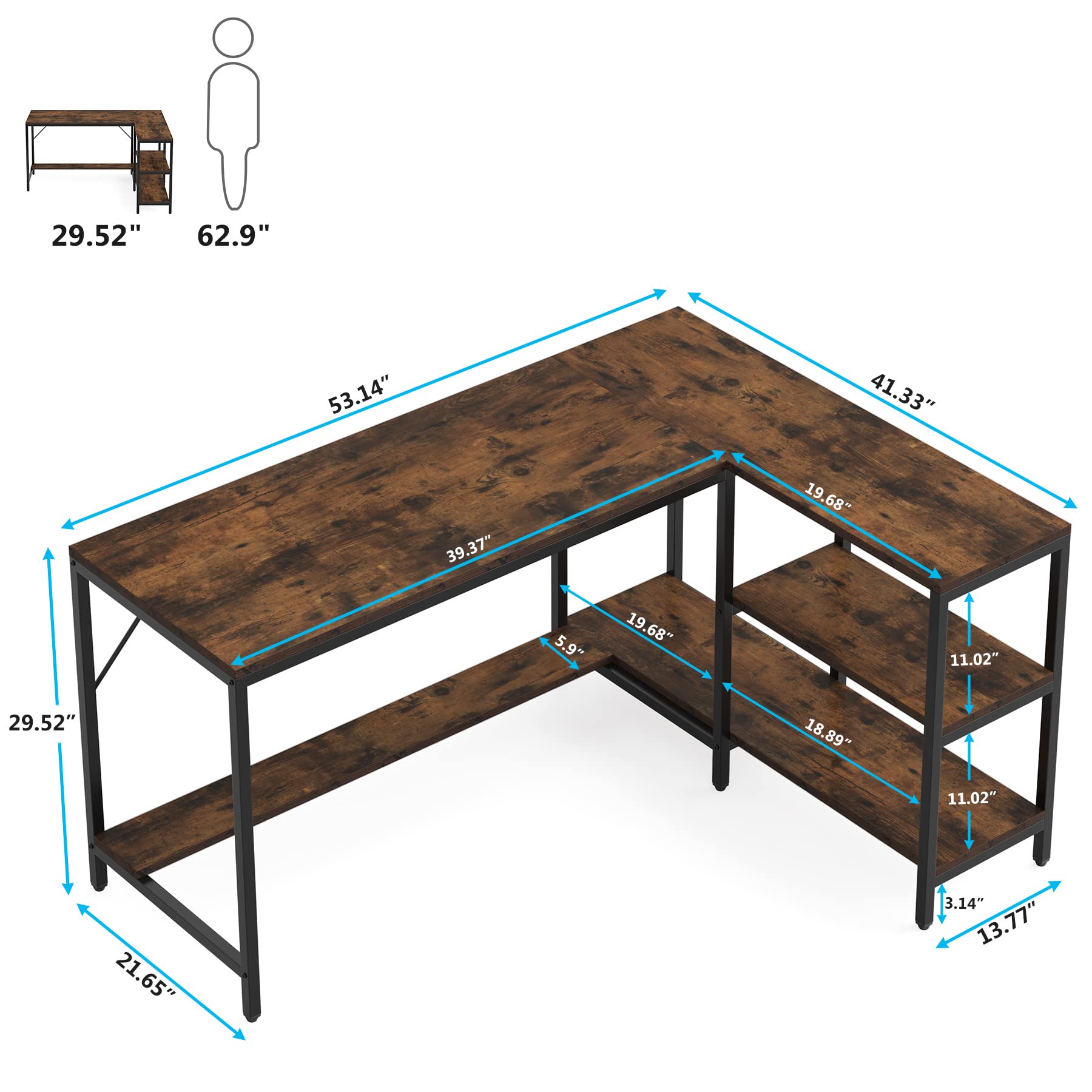 Tribesigns L-Shaped Computer Desk with Storage Shelves - Reversible Gaming Desk for Home Office, Study & Workstation - Rustic Brown Finish for Modern & Rustic Decor