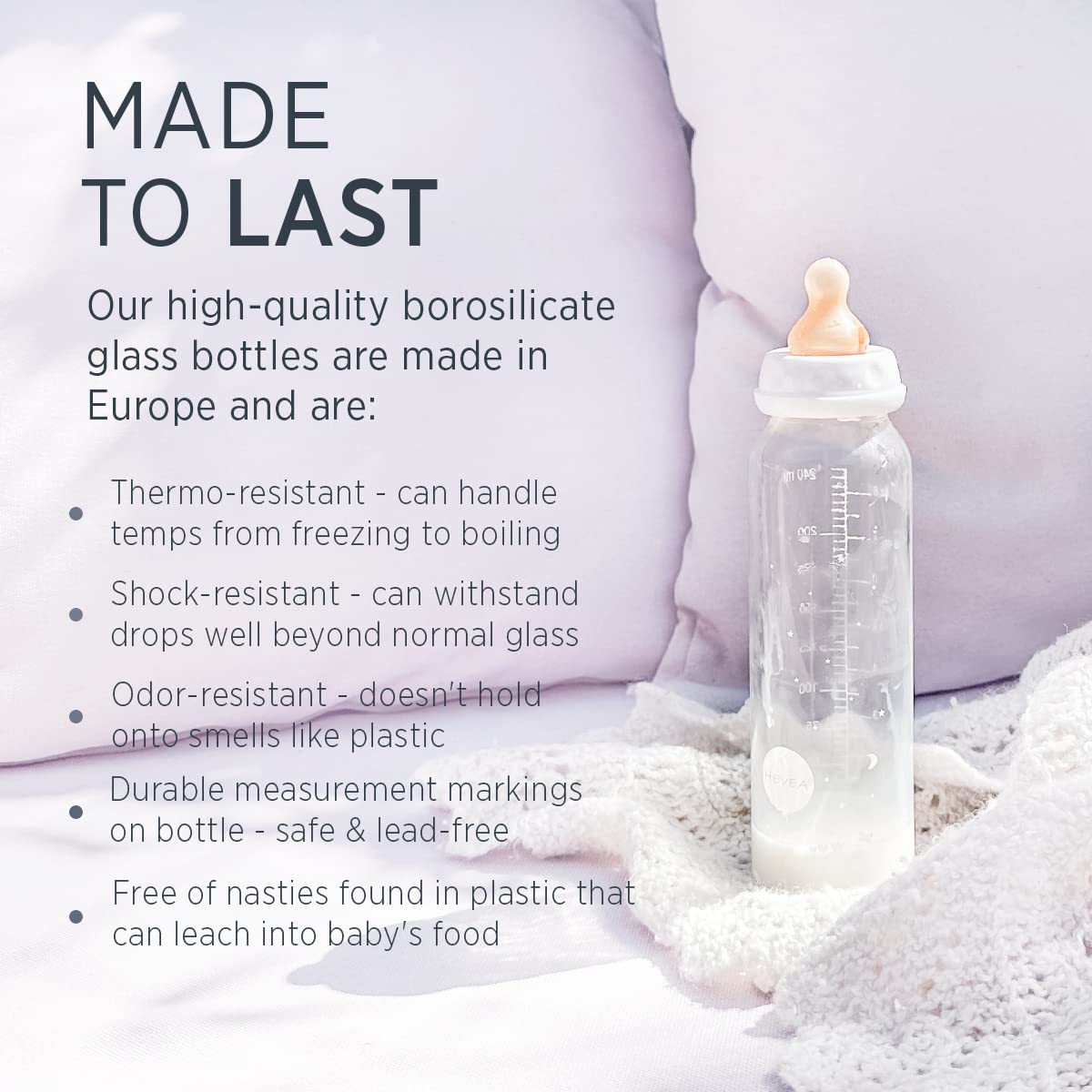 HEVEA Standard Neck Glass Baby Bottles - Medium Flow Anti Colic Baby Bottles for Newborns 3-24 Months - BPA-Free, Eco-Friendly, 8 Oz Two-Pack - Perfect for Breastfeeding, Formula Feeding & Travel