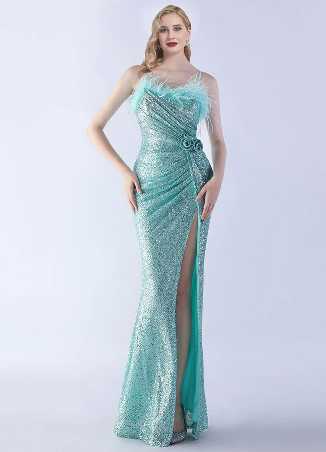 Agua Luxury Feather Spaghetti Straps Sequin Maxi Formal Gown - Elegant Evening Dress for Prom, Wedding, Gala & Special Occasions