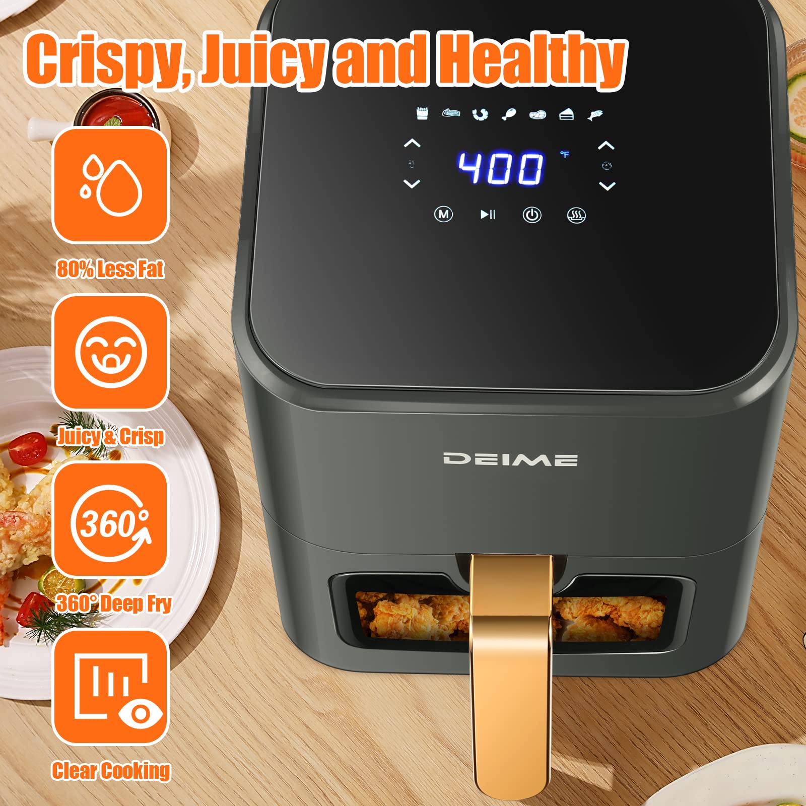 DEIME 4.2 QT Air Fryer - 1200W Oil-Free Healthy Cooker with Digital LCD Touch Screen, 7 Presets, Non-Stick Basket & Viewing Window - Perfect for Small Kitchens, Quick Meals & Healthy Cooking (Gray)