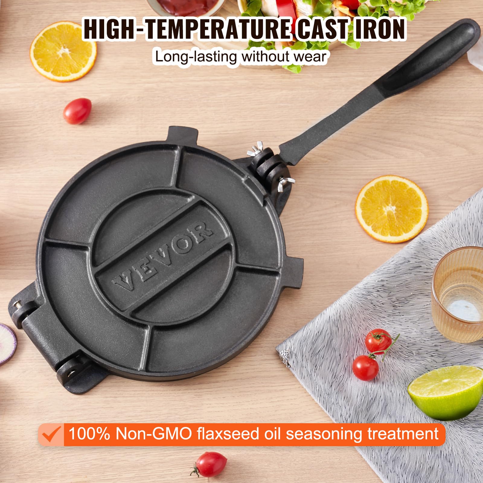 VEVOR 8 Inch Cast Iron Tortilla Press & Roti Maker - Heavy Duty Pre-Seasoned Tortilladora for Flour Tortillas, Roti, Tawa & Patacones - Includes 100 Pcs Parchment Paper - Perfect for Mexican & Indian Cooking, Home Kitchen & Restaurant Use
