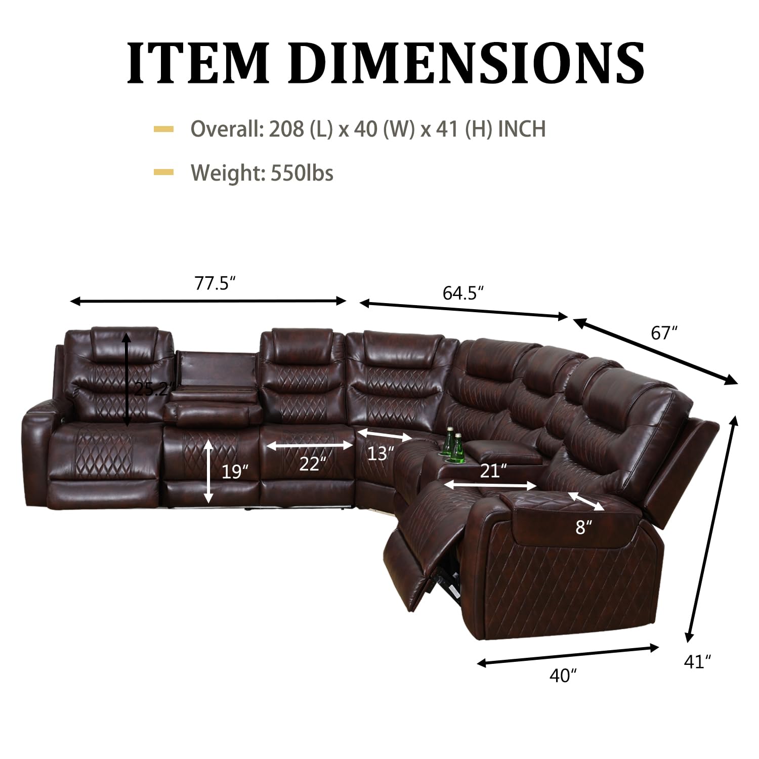 Power Reclining Sectional Sofa with USB Chargers & Storage Console - Genuine Leather Recliner Sofa Set for Living Room, Apartment, Office & Home Theater - Comfortable Modern Furniture (Brown) | Perfect for Family Movie Nights, Guest Entertaining & Relaxing After Work