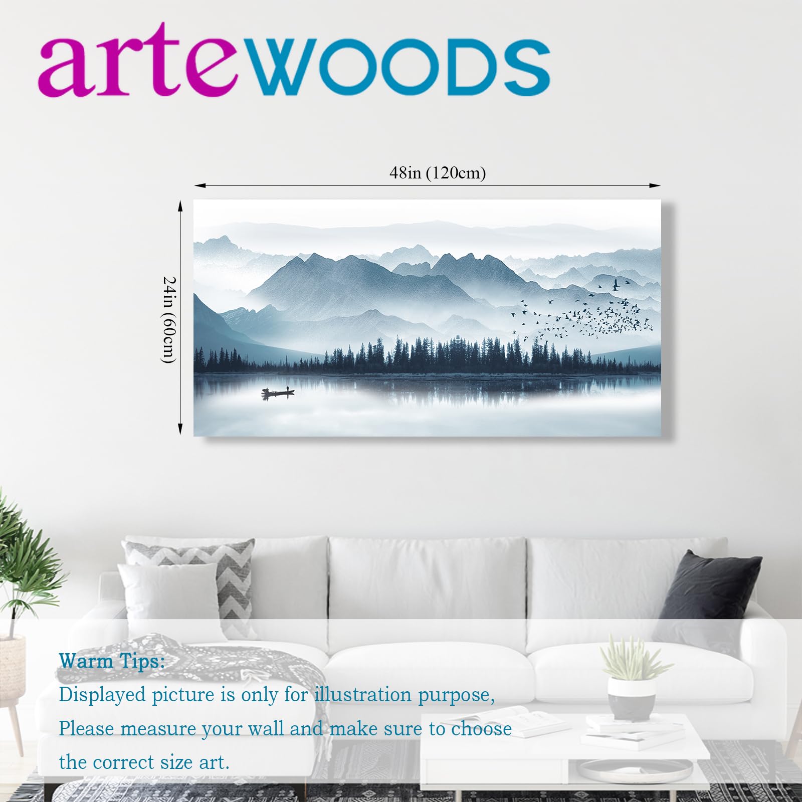 arteWOODS Indigo Misty Mountain Lake Canvas Wall Art - Framed Forest Landscape Painting with Birds, Ready to Hang 24x48 Inches - Perfect for Living Room, Bedroom & Office Decor