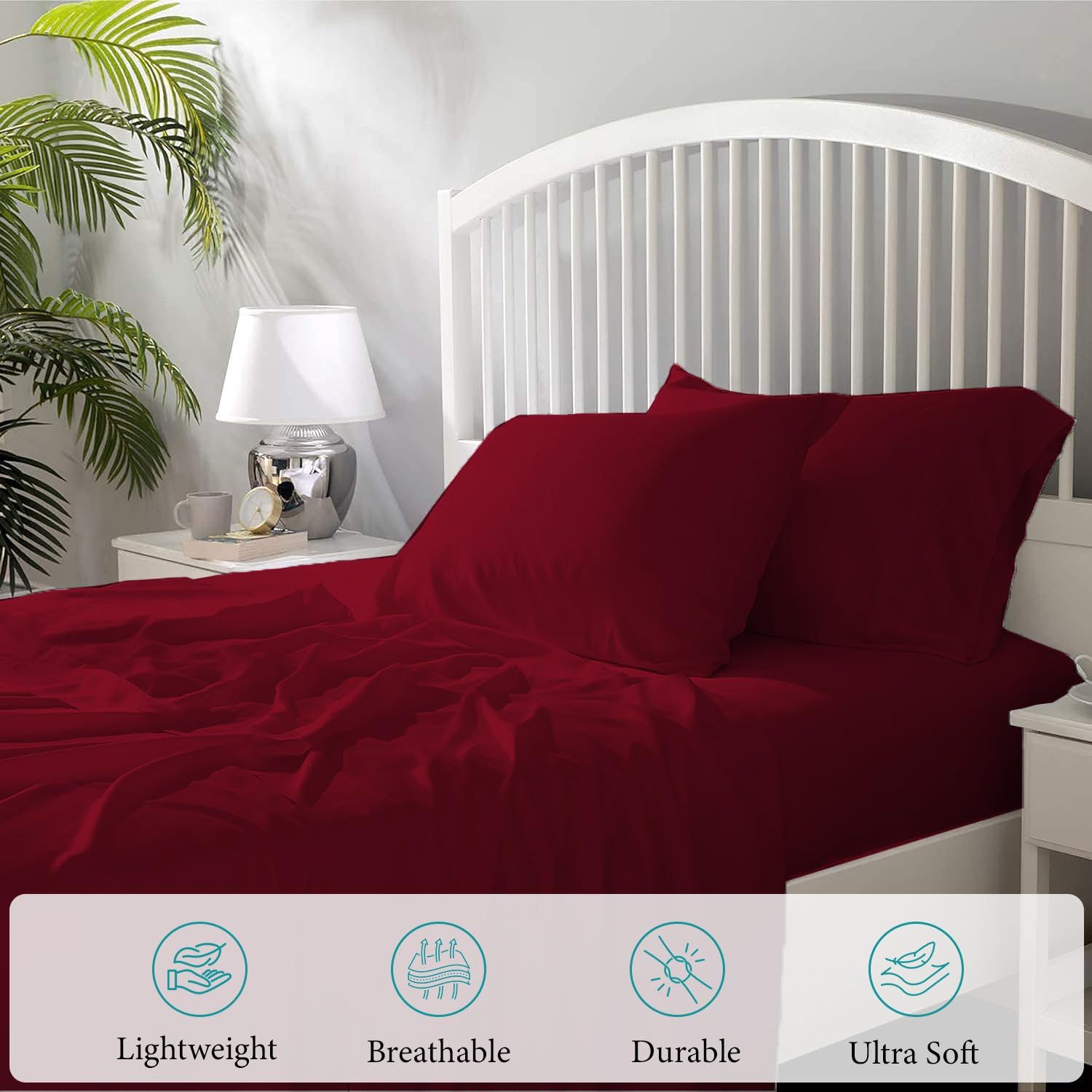 Bunny's Home Burgundy Twin Sheet Set - 4 Piece Breathable Egyptian Cotton Bedding with 17