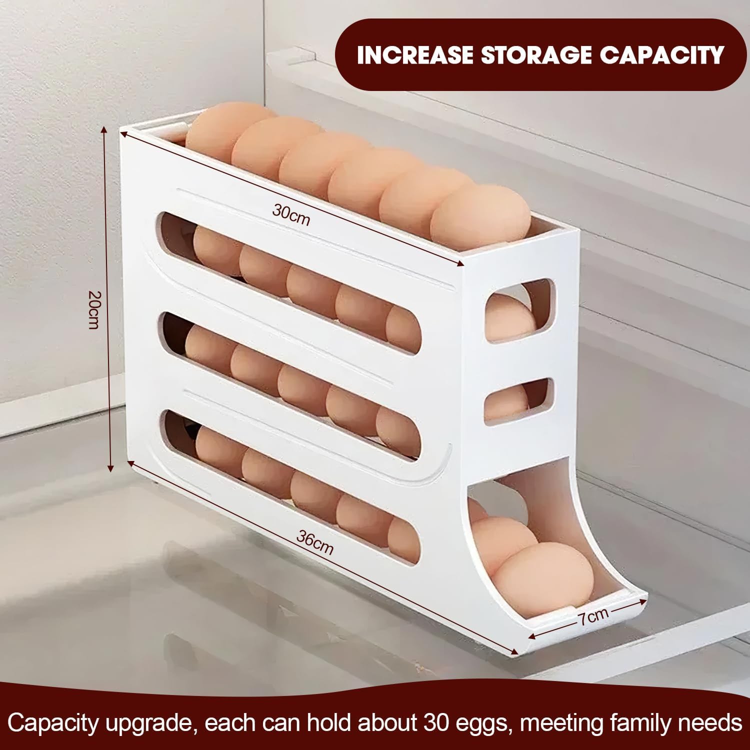 4-Tier Auto Rolling Egg Holder for Refrigerator - Large Capacity 30 Egg Organizer & Dispenser Storage (White) | Traboto-0011 | Perfect for Kitchen Organization & Fresh Egg Storage