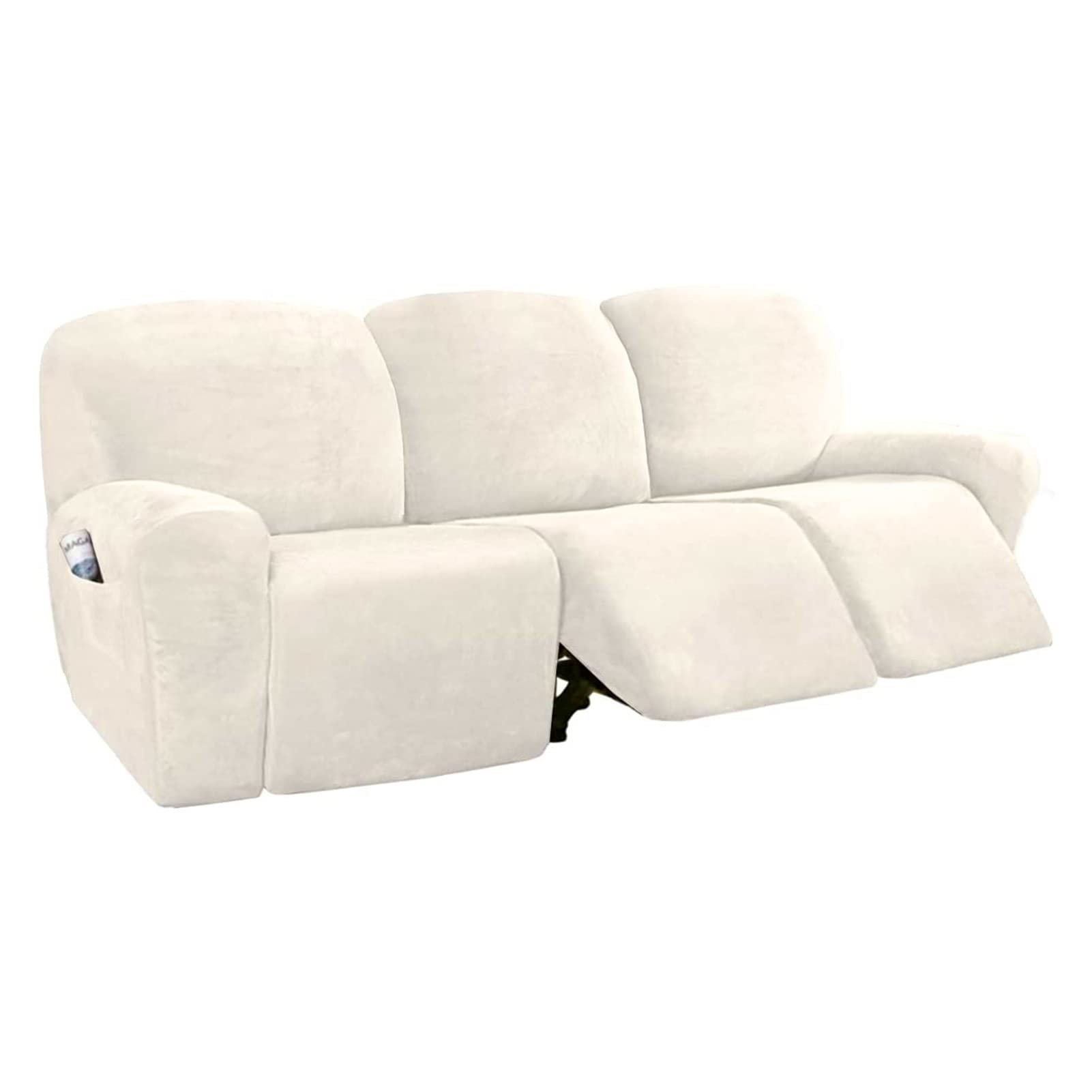 Stretch Plush Recliner Sofa Cover 8-Piece Set for 3-Seater Couches (69-91 inches) - Soft Beige Slipcover with Side Pockets | Perfect for Living Room Furniture Protection & Style Upgrade