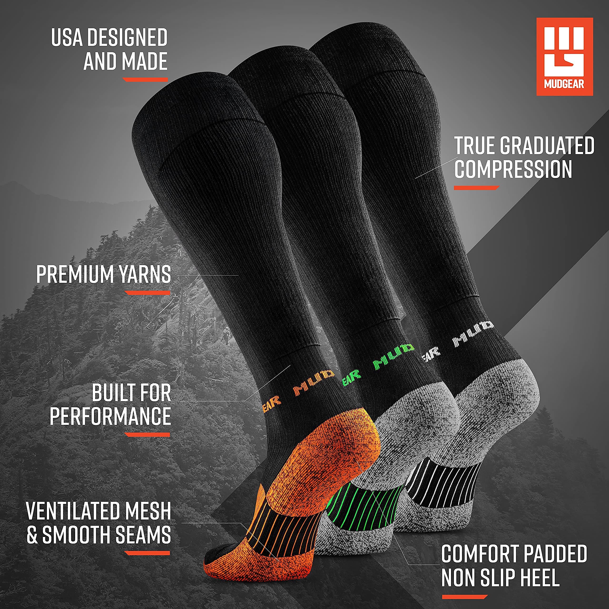 Best Compression Socks for Running & Hiking - 3-Pack Large Size (Black/Gray, Black/Green, Black/Orange) - Ideal for Trail Running, Post-Workout Recovery & Travel