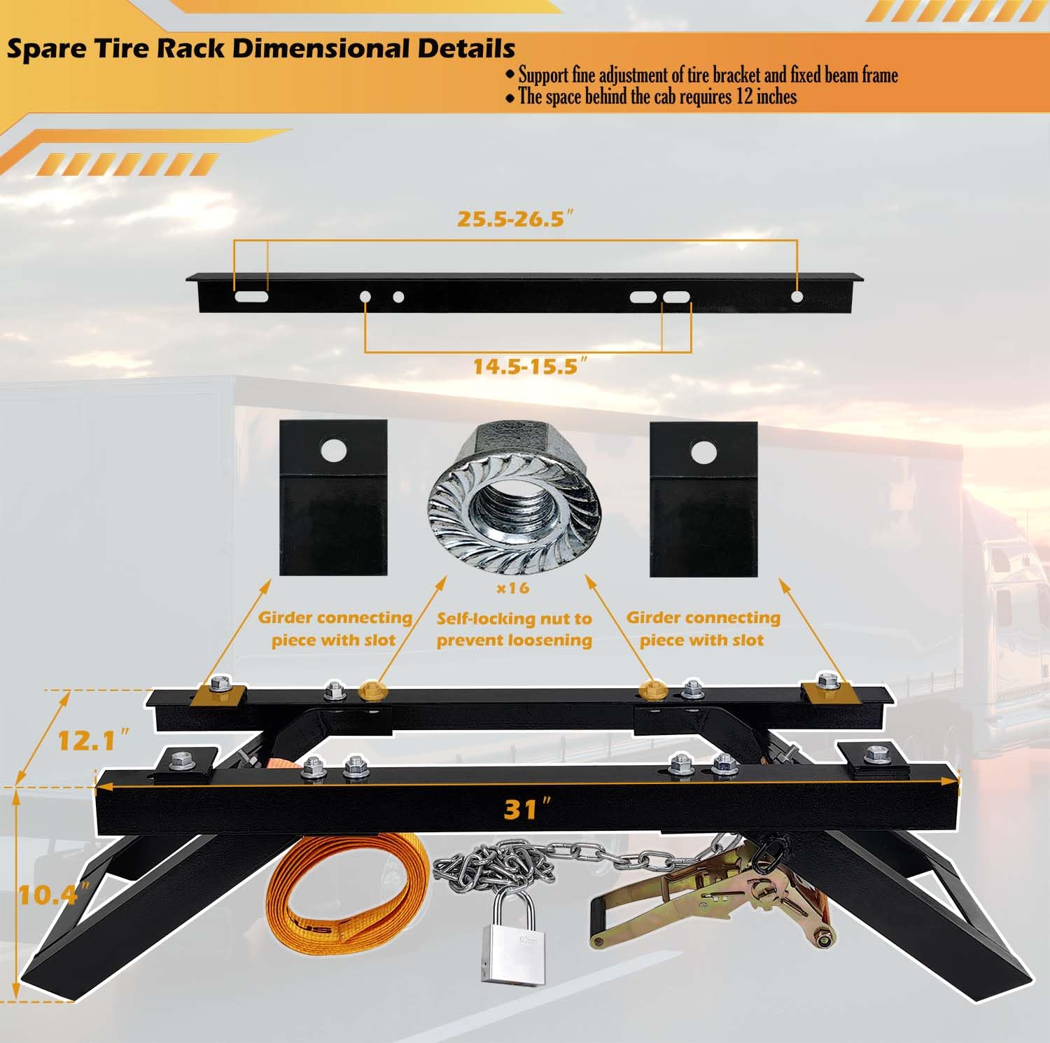 Heavy Duty Semi Truck Spare Tire Rack - Adjustable Commercial Truck Tire Storage Mount for Tractor Trailer | Steel Rim Carrier Holder & Bed Rack Behind Cab | No Assembly Required | Perfect for Long-Haul Trucking & Fleet Maintenance
