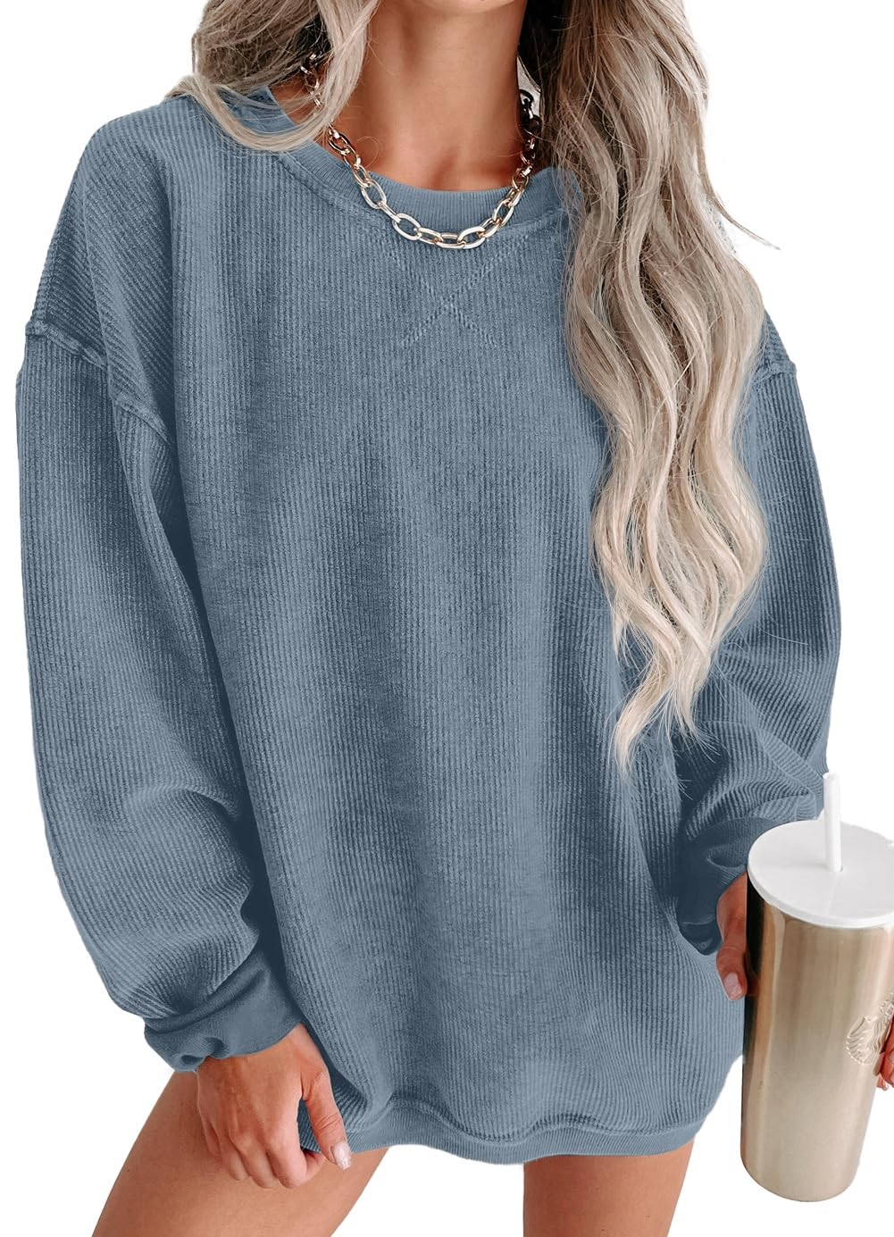 Women's Corduroy Pullover Sweatshirt - Oversized Casual Crewneck Long Sleeve Top | Cozy Fall Outfit, Streetwear Fashion, Loungewear Essential