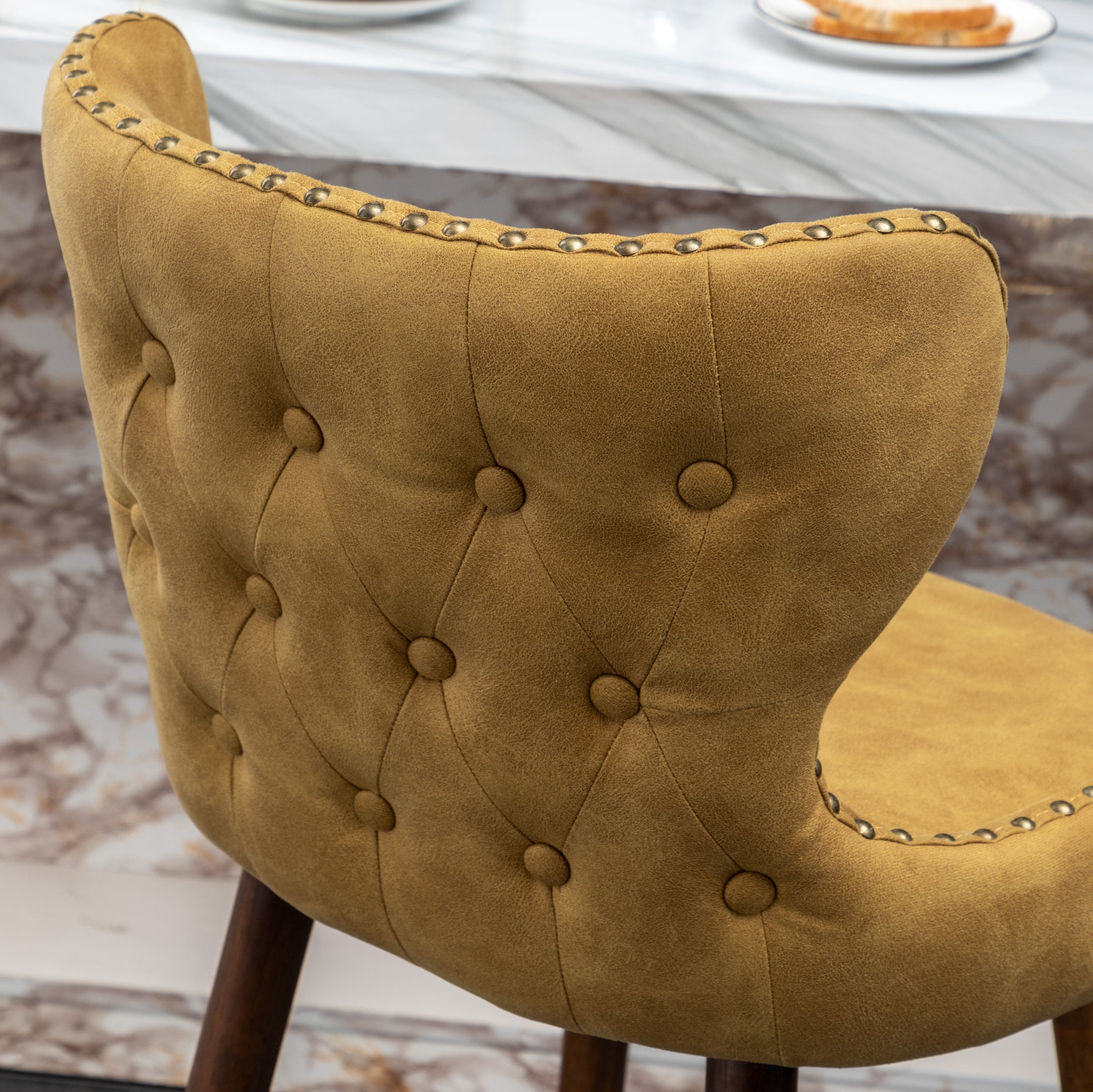 Roundhill Furniture Nevis Mid-Century Modern Faux Leather Tufted Bar Stools with Nailhead Trim - Set of 2 Yellow Counter Height Stools for Kitchen Island, Breakfast Bar & Home Decor