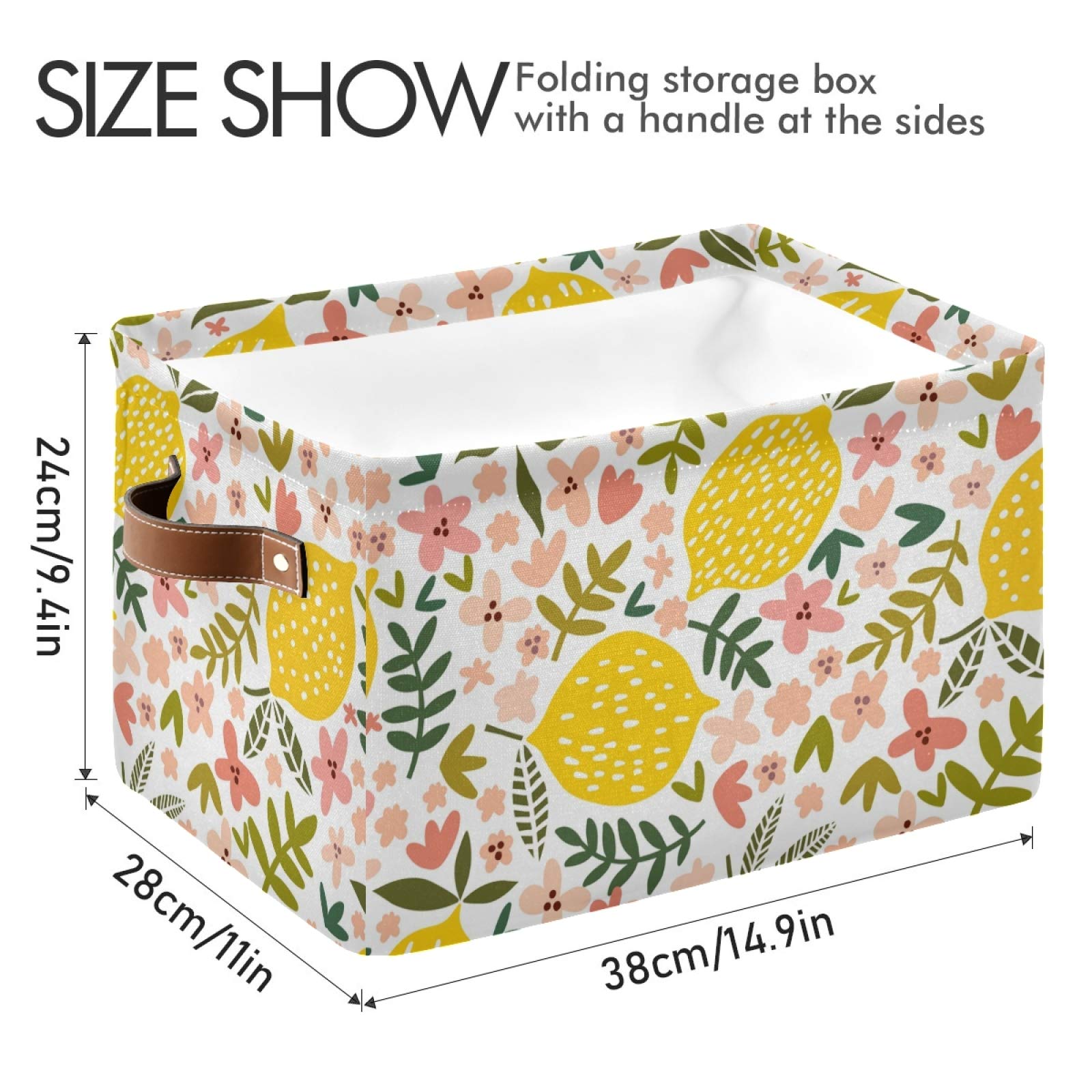 Susiyo Large Foldable Storage Bin - Beautiful Floral Lemon Fabric Collapsible Decorative Basket with PU Handles (2-Pack) | Perfect for Home Organization, Closet Storage, Bedroom & Living Room Shelves
