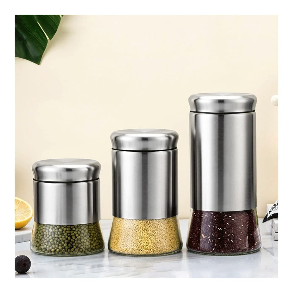 Premium 3-Piece Airtight Kitchen Storage Canisters Set - Stainless Steel & Glass Food Containers for Tea, Coffee, Sugar & Spices | Countertop Organization for Pantry, Baking & Cooking Essentials