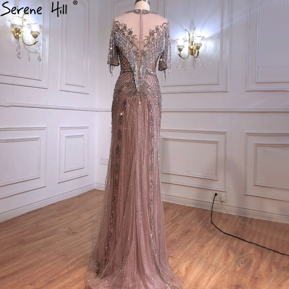 Serene Hill Luxury Grey Mermaid Evening Dresses for Women 2025 - Elegant Beaded Tassel Half Sleeve Gowns for Prom, Party & Formal Occasions - LA70966
