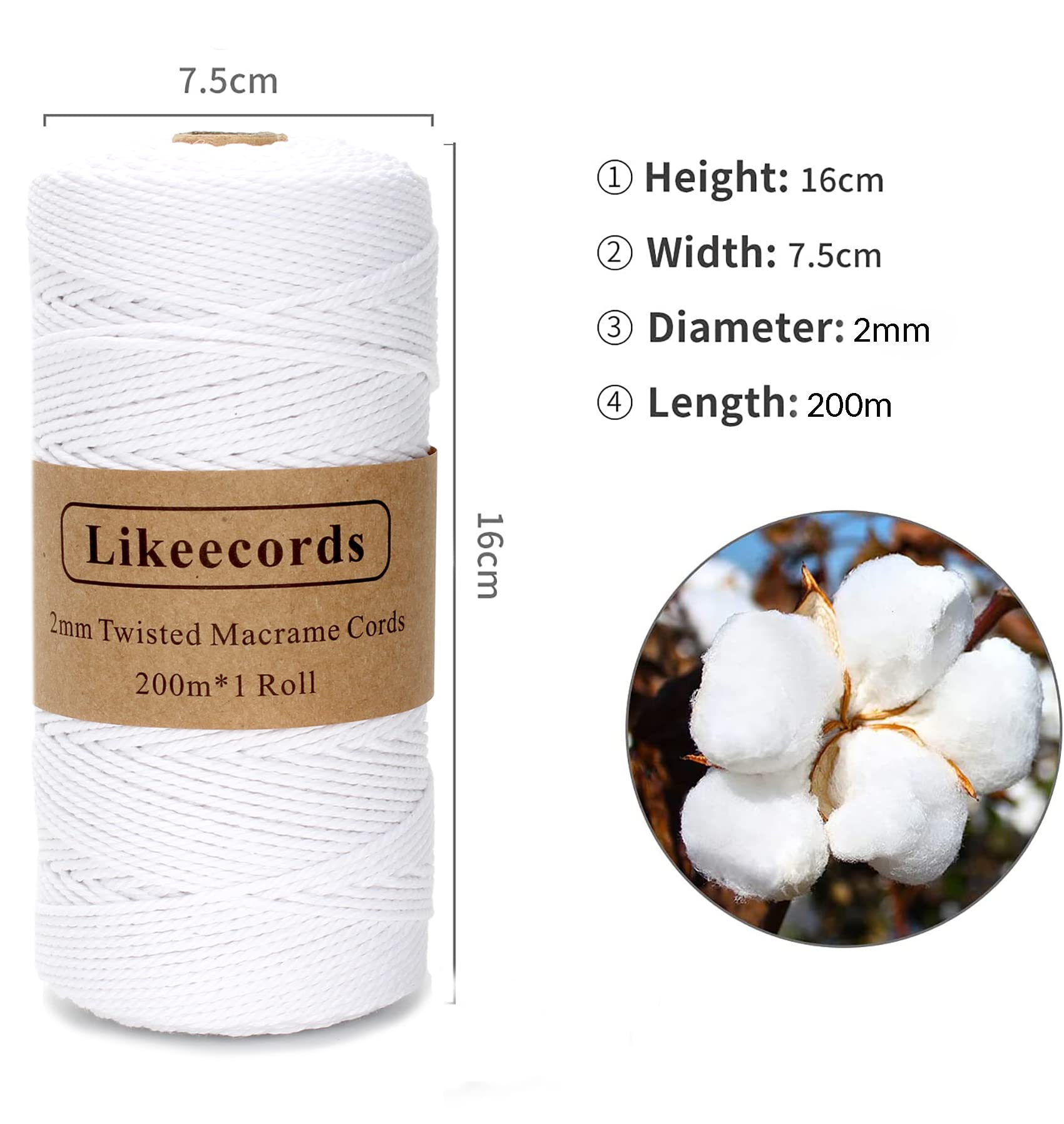 Natural White Macrame Cord 2mm x 219 Yards - Cotton Twine String for DIY Crafts, Knitting, Plant Hangers, Wall Hangings - Perfect for Christmas Decor, Wedding Decorations, Boho Home Decor & Gift Wrapping