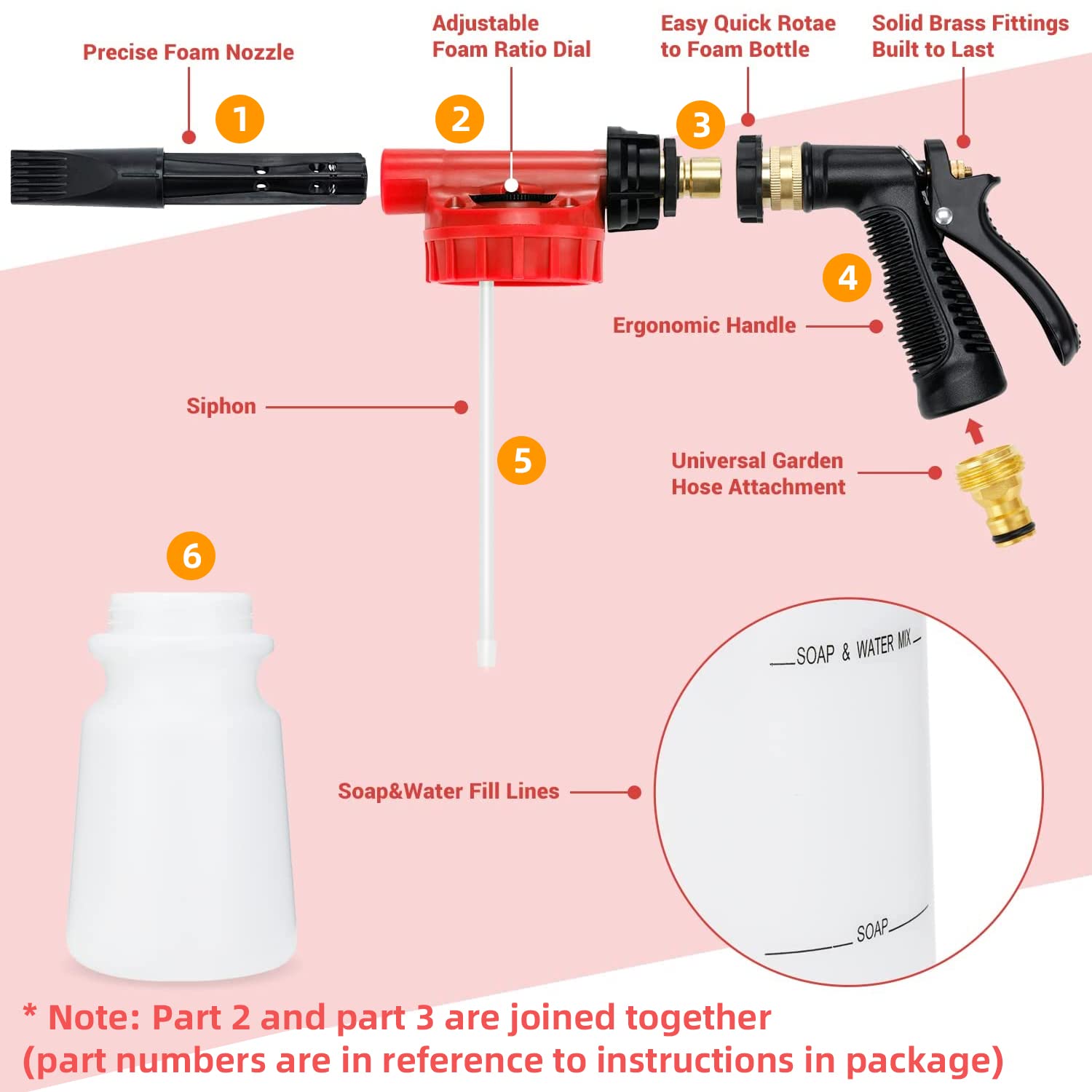 Ohuhu Car Wash Foam Gun with 6 Adjustable Foam Levels, 3/8