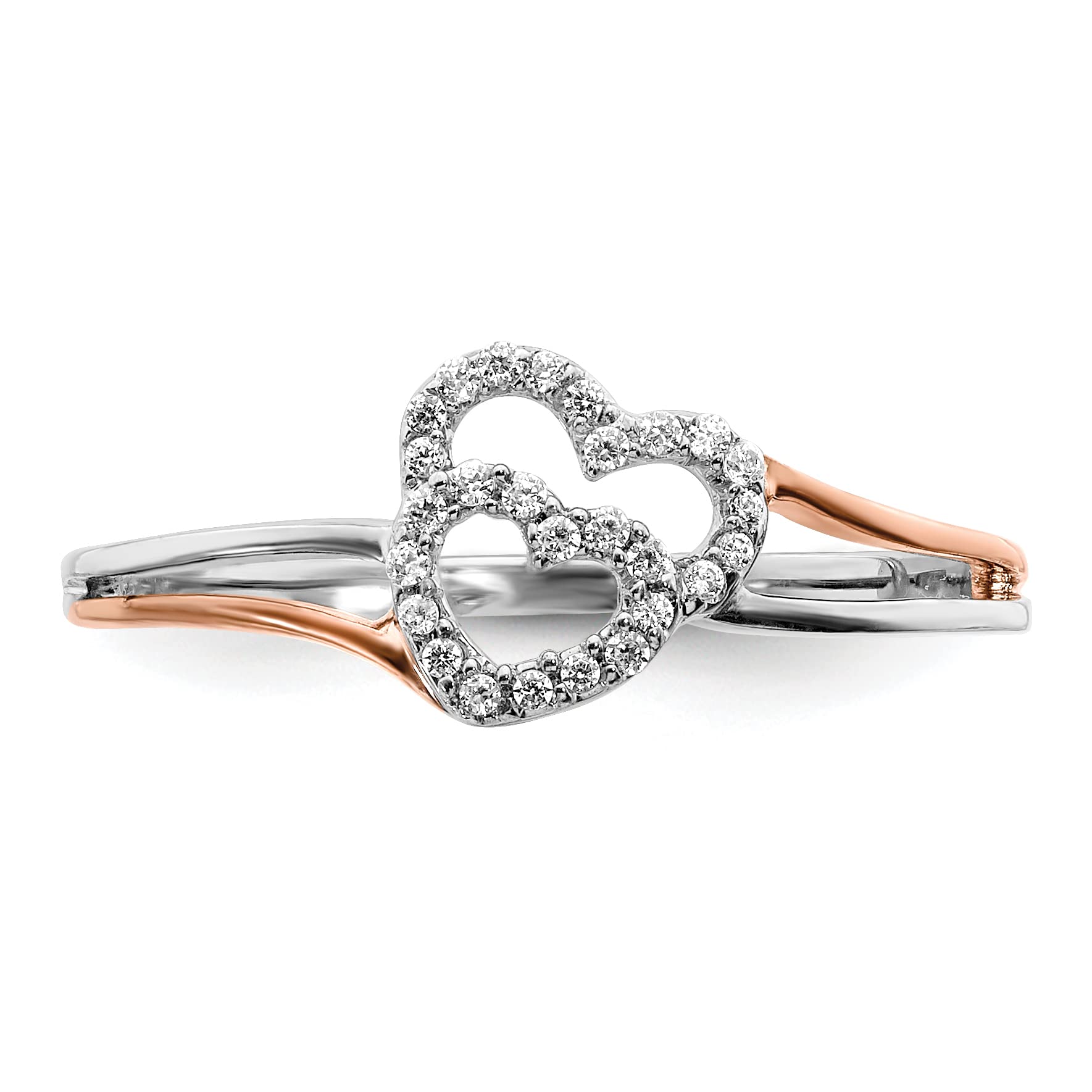 14K White & Rose Gold Diamond Polished Double Heart Ring for Women - Elegant Valentine's Day Gift, Anniversary Jewelry, Bridal Proposal Ring