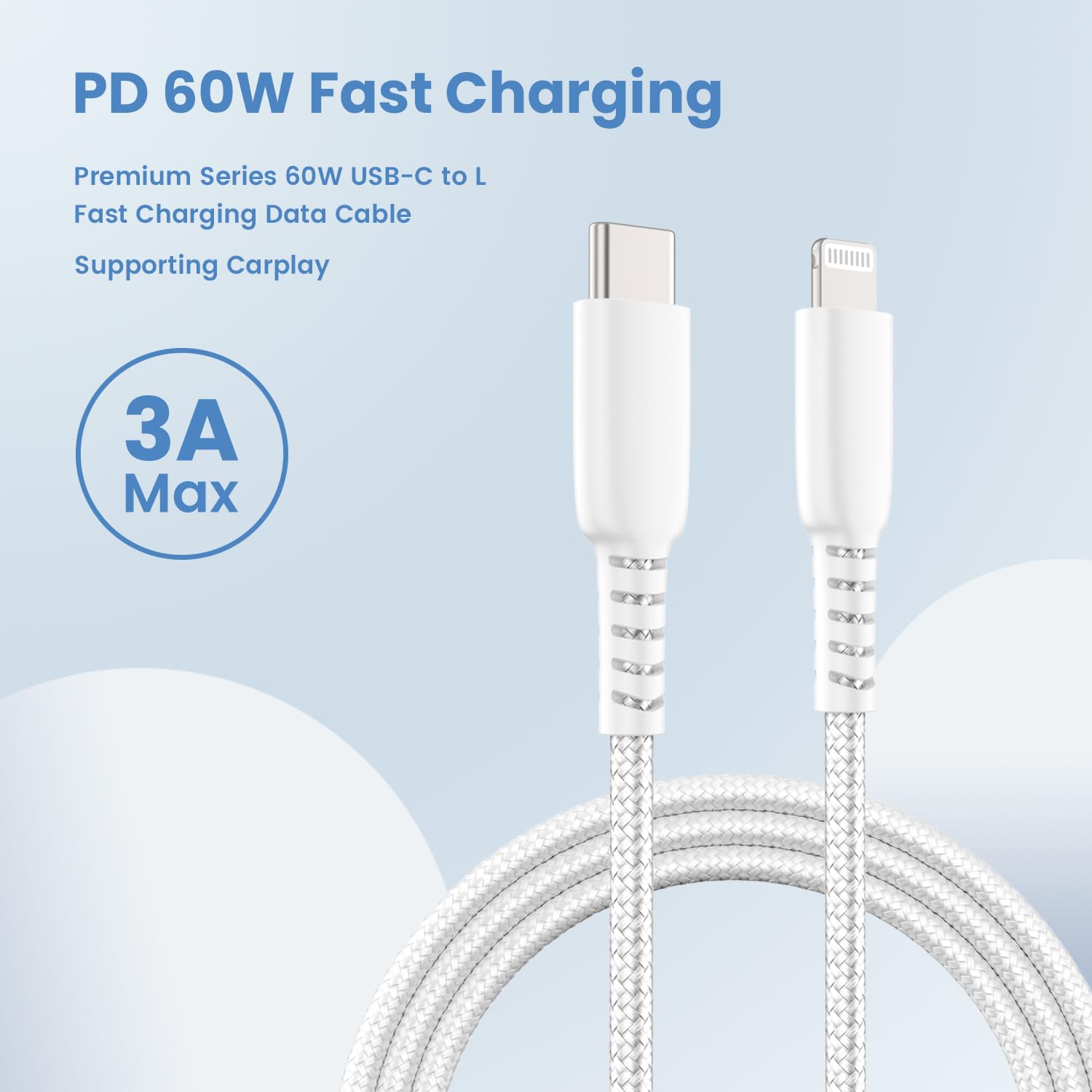 3-Pack USB C to Lightning Cable 3Ft - Fast Charging 3A Braided Cable for iPhone 14/13/12/11/XS/XR/8/7/6/5 - Durable Woven Type-C to Lightning Charger for Car Play, Home & Office - White