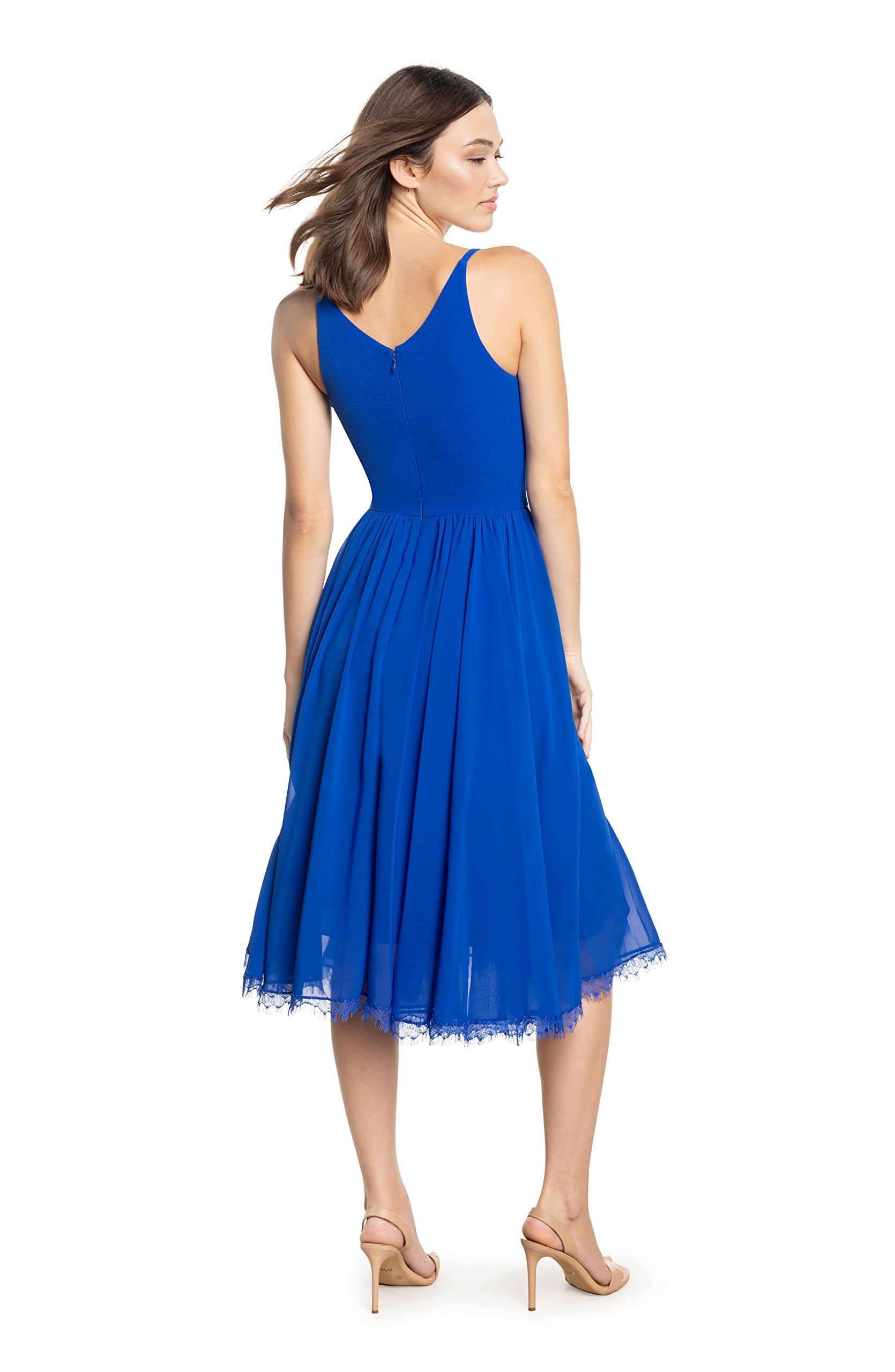 Dress the Population Alicia Plunging V-Neck Sleeveless Fit & Flare Midi Dress for Women | Mix Media Cocktail Party & Wedding Guest Dress