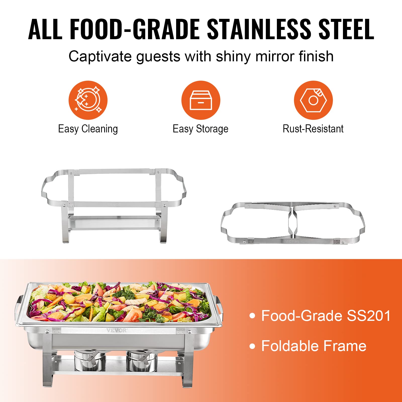 VEVOR 8 Qt Stainless Steel Chafing Dish Buffet Set - 4 Pack with Full Size Pans, Lid, Water Pan & Folding Stand - Catering Warmer for Parties, Weddings, Buffets & Events - Serves 8+ People