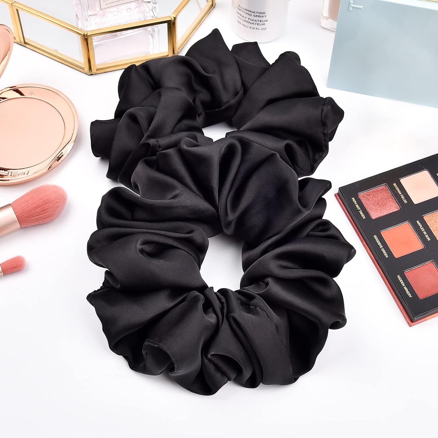 BAKEFY 6-Pack Black Satin Silk Hair Scrunchies - Soft No Damage Hair Ties for Women & Girls, Elastic Ponytail Holders for Sleep, Workout, and Everyday Use