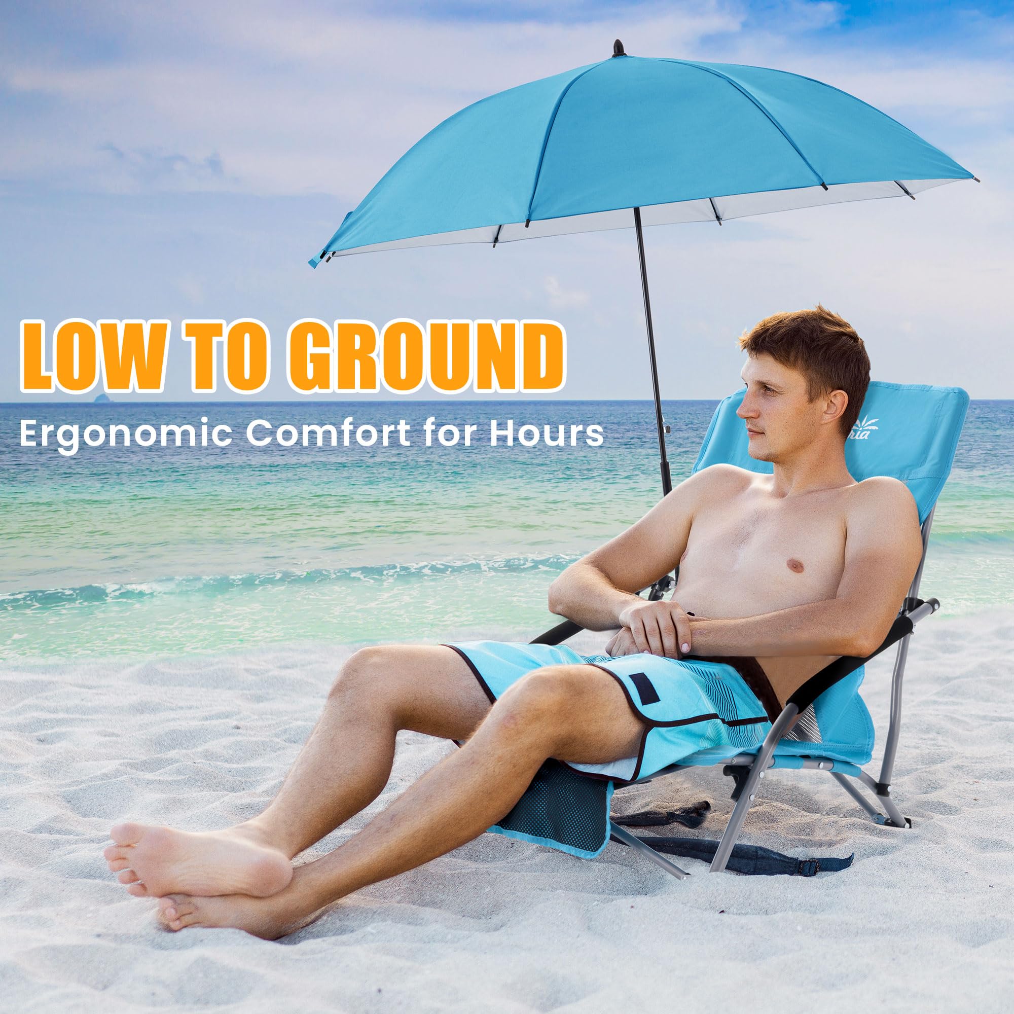 Lamberia Folding Beach Chair with Umbrella - Portable Low Profile Camping Chair for Adults, Supports 300lbs - Lightweight Foldable Outdoor Chair for Travel, Picnic, Concert, Beach & Backyard Relaxation - Blue