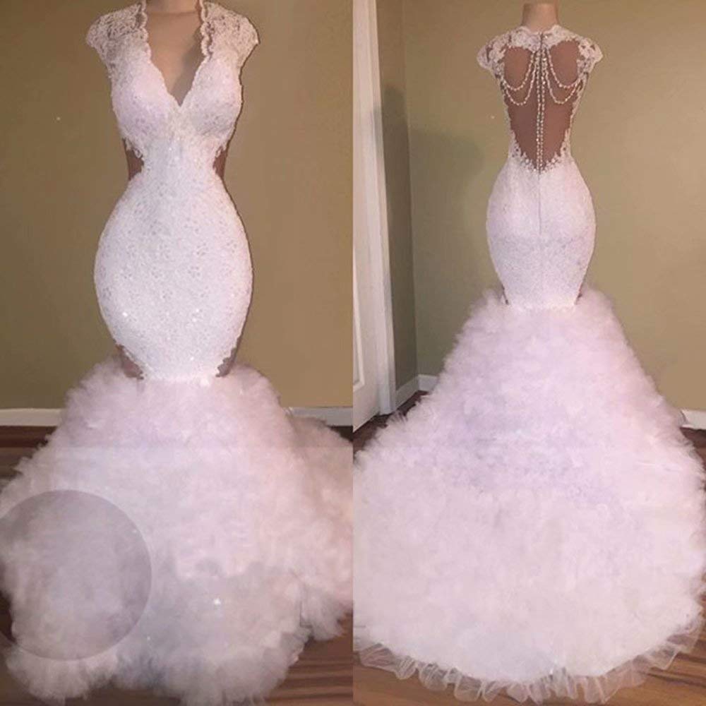 Elegant Mermaid Wedding Dress with Long Lace & Beaded V-Neck - Perfect for Brides & Formal Occasions