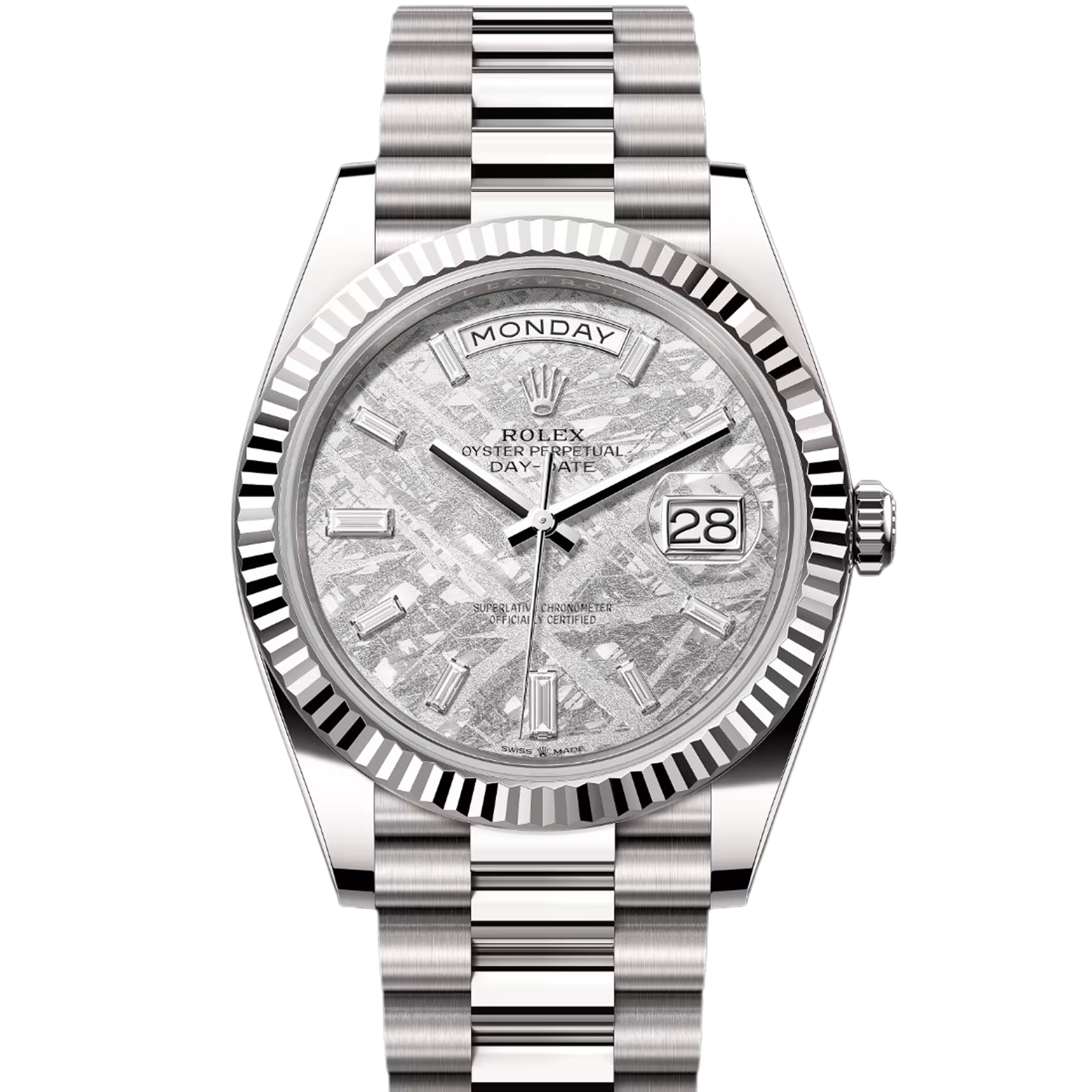 Rolex Day Date 228239 Men's Watch - 18K White Gold, Meteorite Dial with Diamond Baguette Markers - Luxury Dress Watch for Business & Formal Occasions