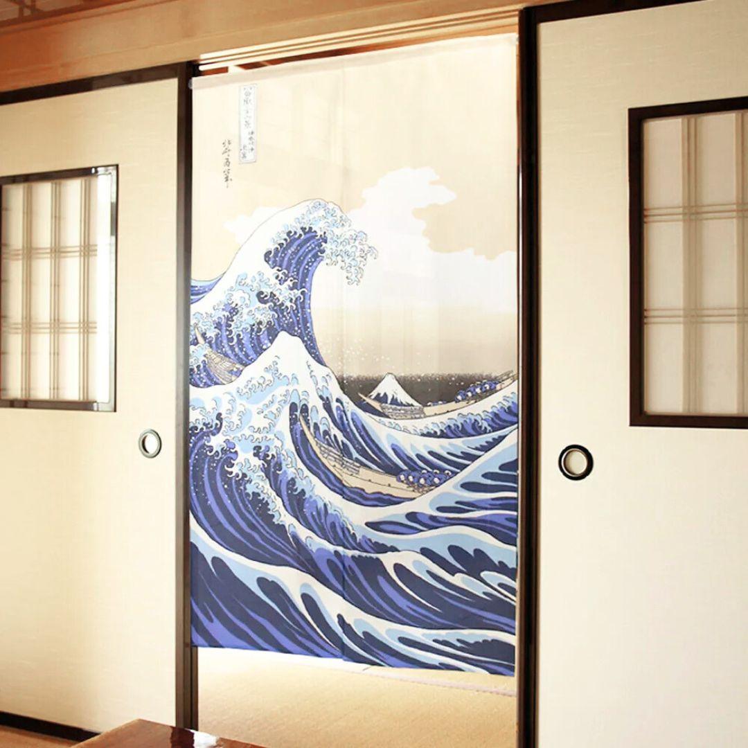Hokusai Great Wave off Kanagawa Japanese Noren Curtain - Traditional Art Print Room Divider for Home Decor & Zen Meditation Space