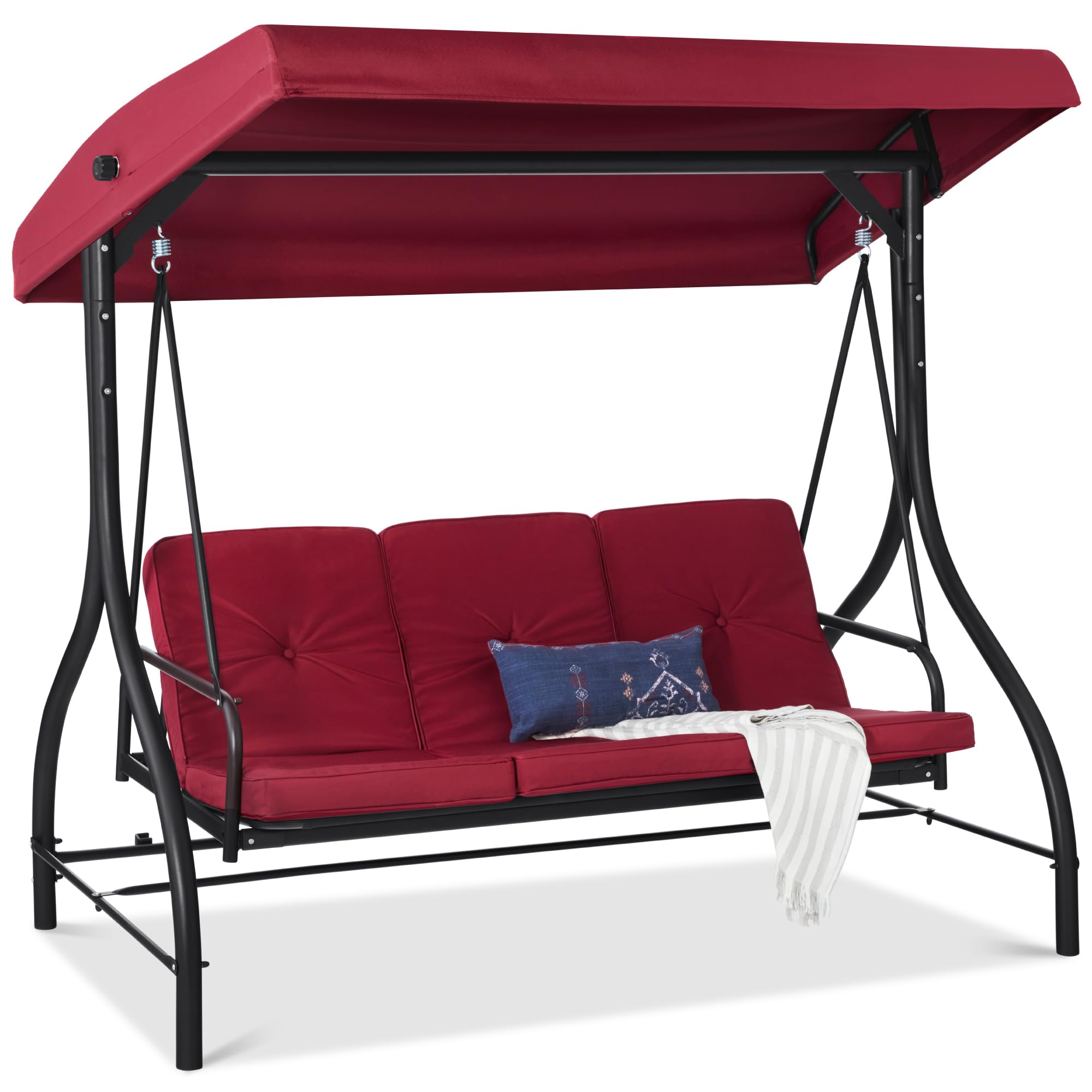 Best Choice Products 3-Seat Outdoor Canopy Swing Glider with Adjustable Shade - Patio Hammock Lounge Chair for Porch, Backyard, Garden w/ Removable Cushions & Flatbed - Burgundy Red - Perfect for Relaxing, Lounging and Outdoor Entertaining
