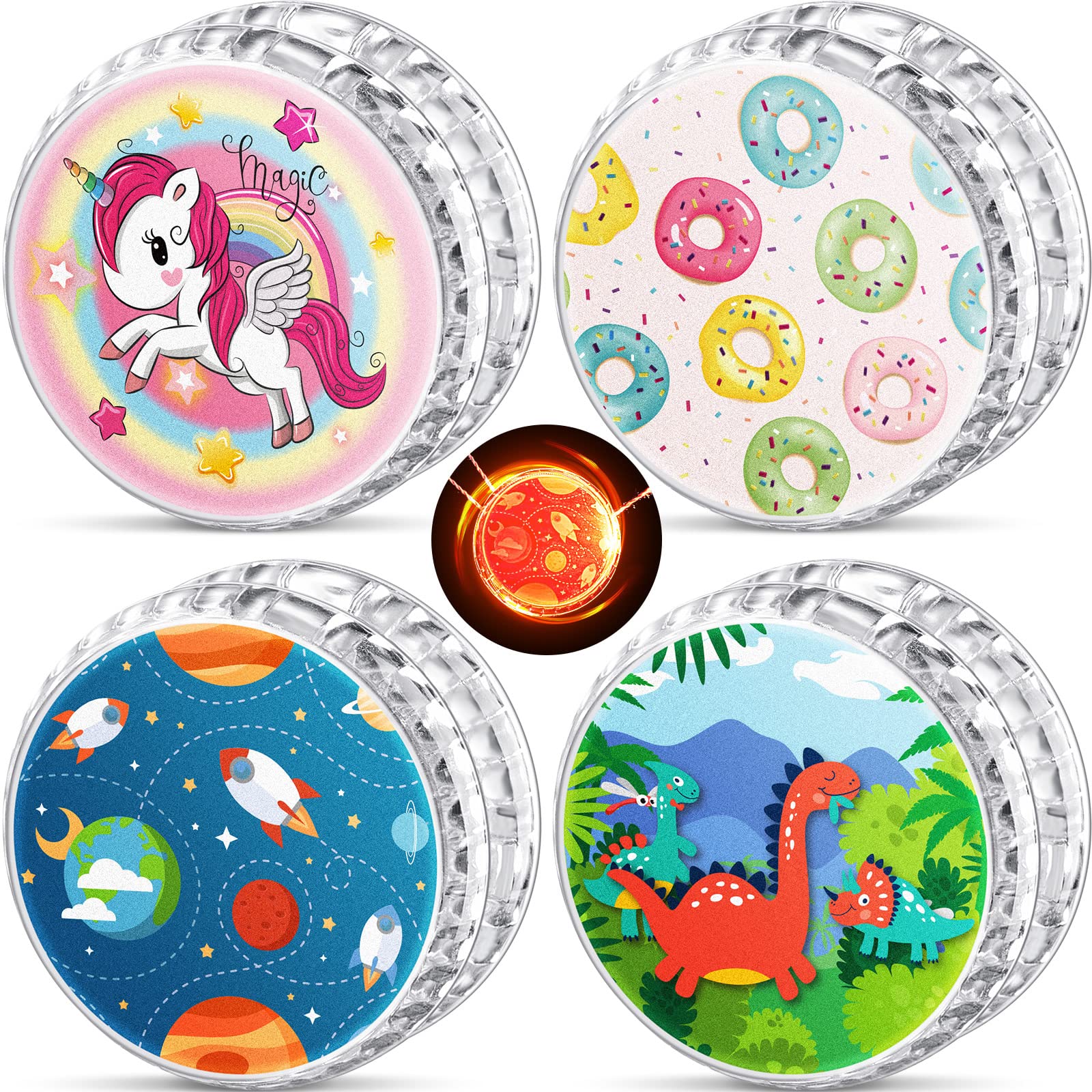 4 Pack LED Light Up Auto Return Magic Trick Toys - Unicorn, Donut, Dinosaur & Space Designs - Fun Reflex Ball Bearing Toys for Kids Birthday Parties, Classroom Prizes & Goodie Bag Fillers - Perfect for STEM Learning and Motor Skill Development