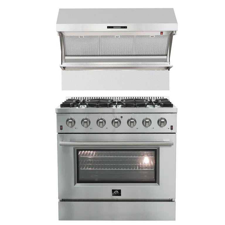 36 Inch Gas Range with Wall Mount Range Hood - Forno Appliance Package for Professional Kitchen & Home Cooking | Perfect for Baking, Roasting & Grilling
