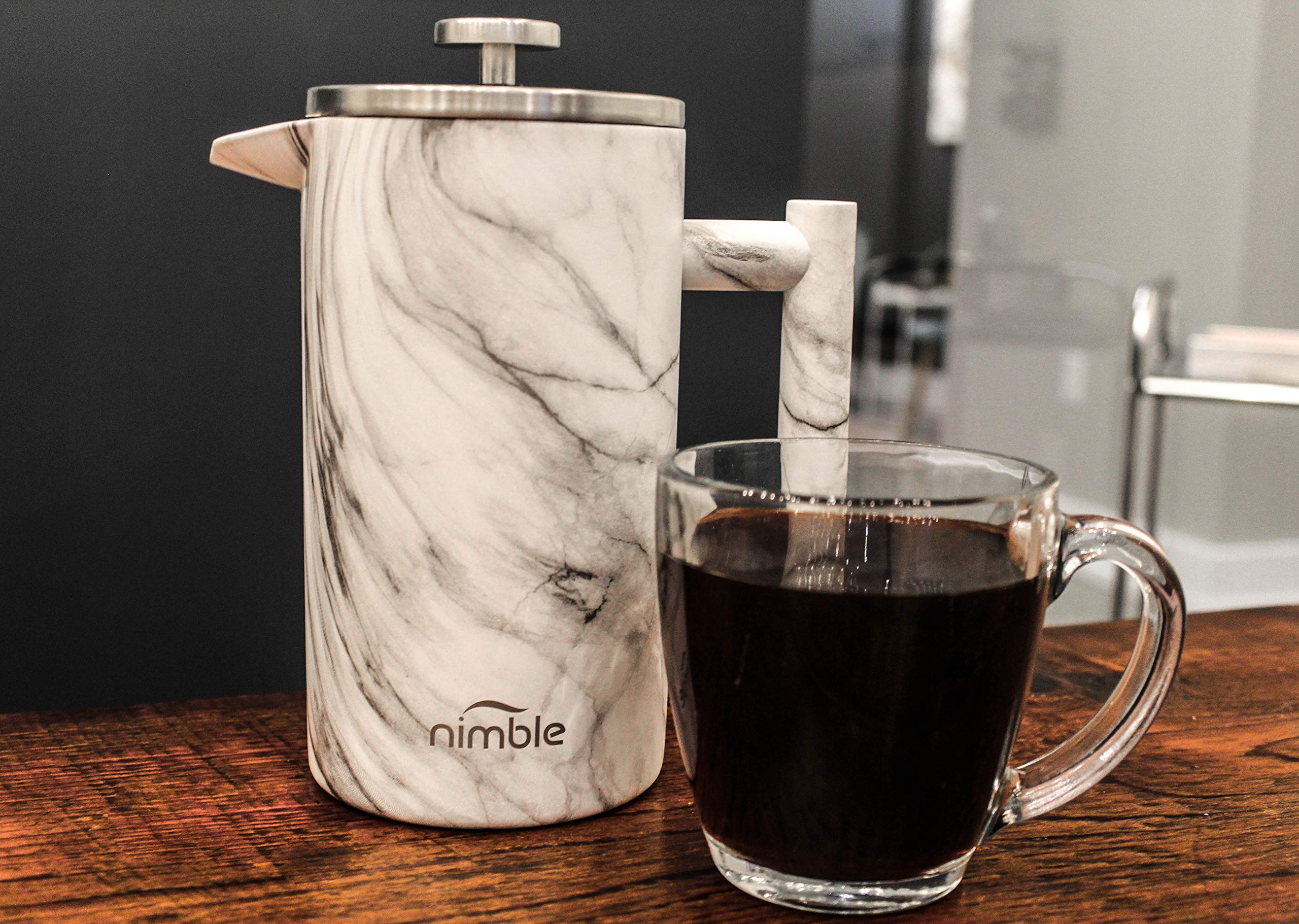 Premium Stainless Steel French Press Coffee Maker - 34 oz Double-Wall Insulated, Marble Finish for Hot & Cold Brew - Perfect for Home, Office, Camping & Gifts