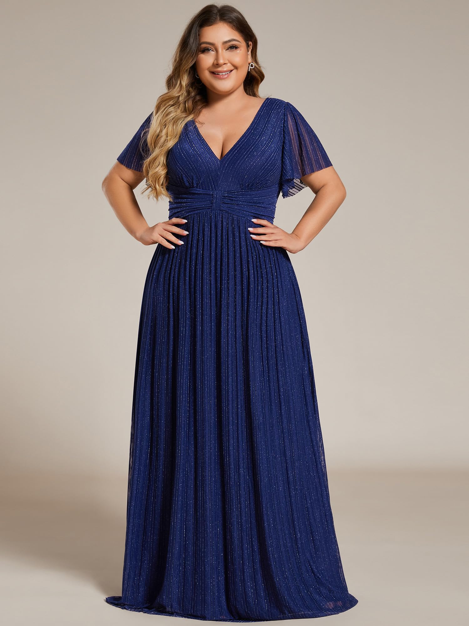 Ever-Pretty Women's A-Line V-Neck Glitter Short Sleeve Pleated Plus Size Formal Evening Dress 11961-DA | Elegant Party Gown for Prom, Wedding Guest, Cocktail & Special Occasions