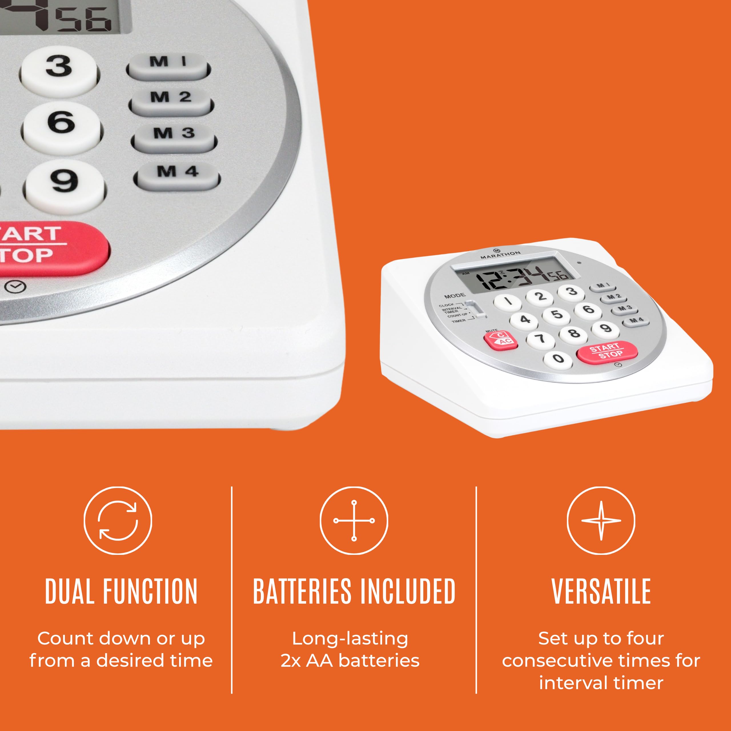 Marathon 100-Hour Digital Countdown Timer with Large LCD Display - Loud Alarm, Clock Function - Includes 2 AA Batteries - Perfect for Kitchen Cooking, Classroom, Office Meetings & Sports Training