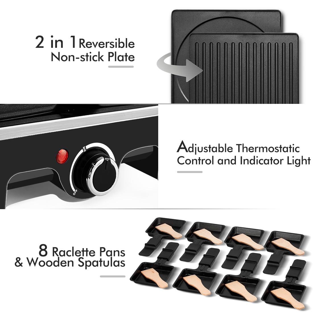 **CUSIMAX Electric Raclette Grill - 2-in-1 Non-Stick Indoor Grill & Korean BBQ with Adjustable Temperature, 8 Raclette Pans & Wooden Spatulas - Perfect for Family Dinners, Parties & Fondue Nights**