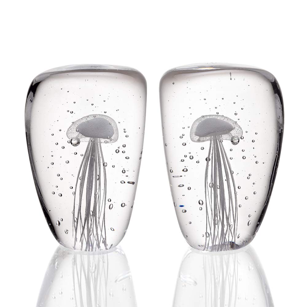 Glow in The Dark Art Glass Jellyfish Wedge Bookends - Unique Home Decor for Shelves, Desks & Nightstands - Perfect Gift for Ocean Lovers & Bookworms