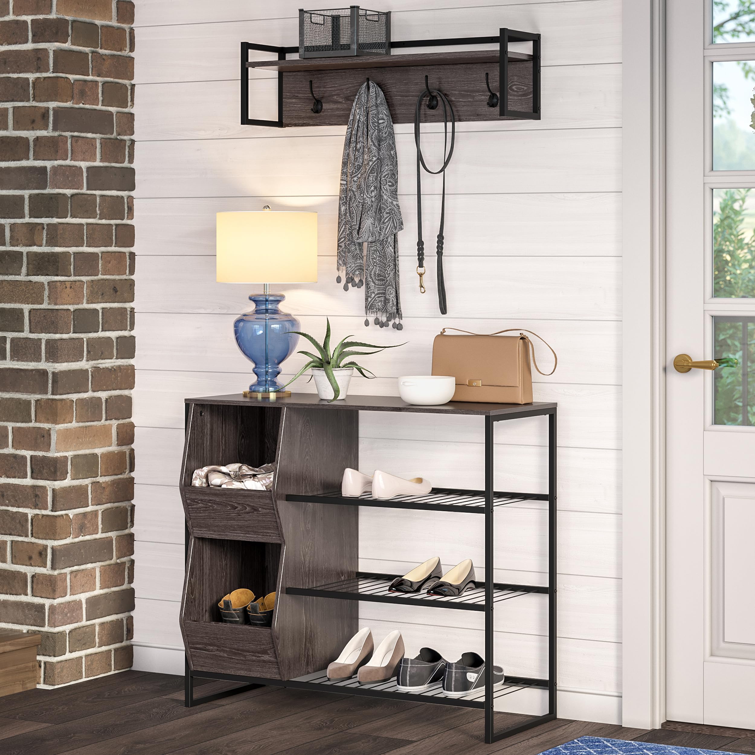 RiverRidge Afton 3-Tier Shoe Organizer with Storage Bins - Sturdy Metal Frame Shoe Rack Holds 6-9 Pairs | Space-Saving Entryway Storage for Shoes, Boots & Accessories | Perfect for Closet, Bedroom & Mudroom Organization