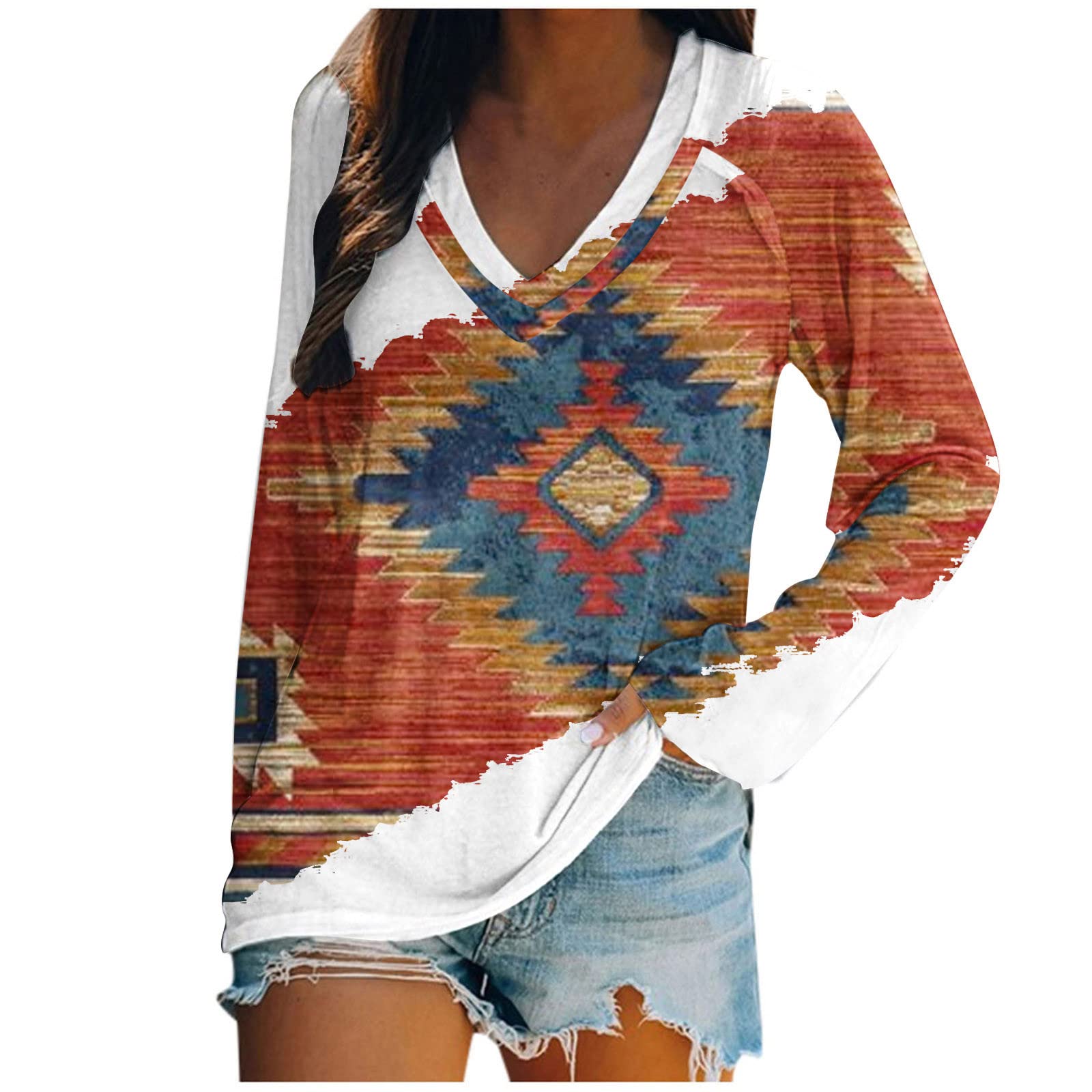 Women's Western Aztec Ethnic Long Sleeve V-Neck Embroidered Blouse - Boho Chic Pullover Top for Casual & Dressy Occasions - Plus Size Tee Shirts Perfect for Music Festivals, Date Nights & Boho Fashion