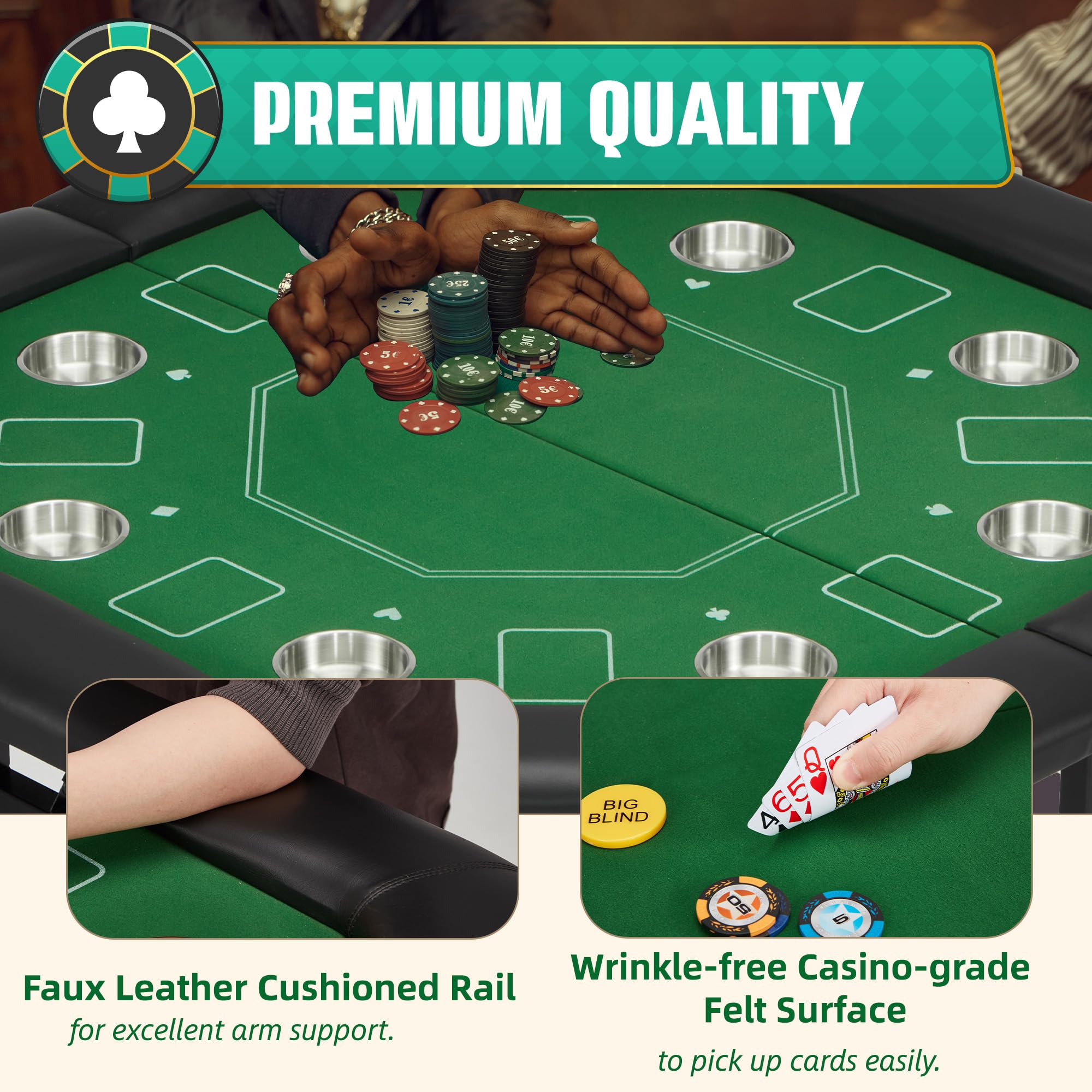 ECOTOUGE 8-Player Foldable Poker Table with Padded Rails & Stainless Steel Cup Holders - Octagon Texas Holdem Blackjack Casino Game Table for Home, Parties & Game Nights - Easy Assembly & Portable Design