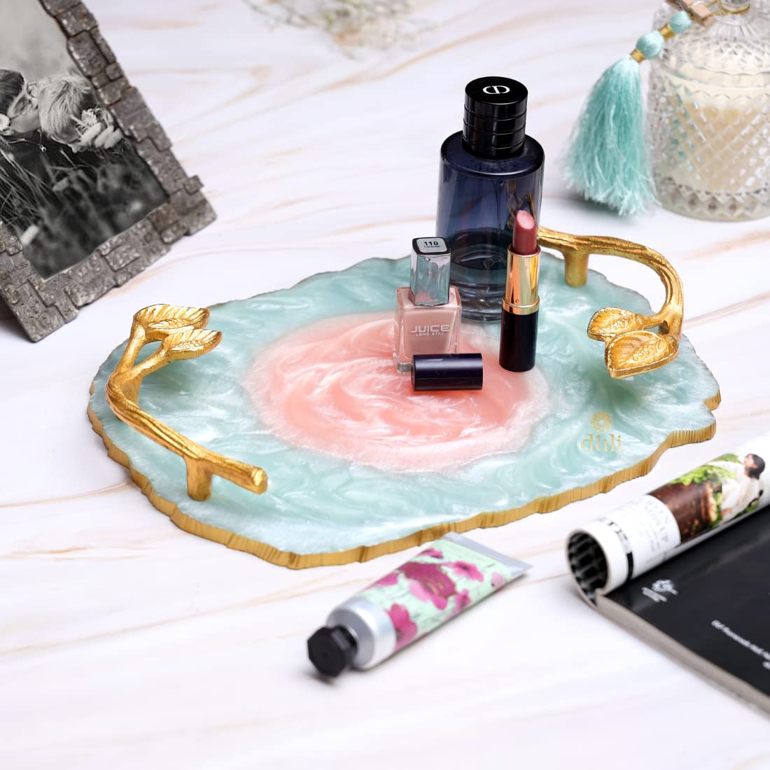 DULI Resin Serving Tray with Golden Handle - Water & Heat Resistant Multipurpose Tray for Dining Table, Coffee Table, and Home Decor - Elegant Aqua-Pink Showpiece Tray for Parties, Breakfast in Bed, and Gift Giving