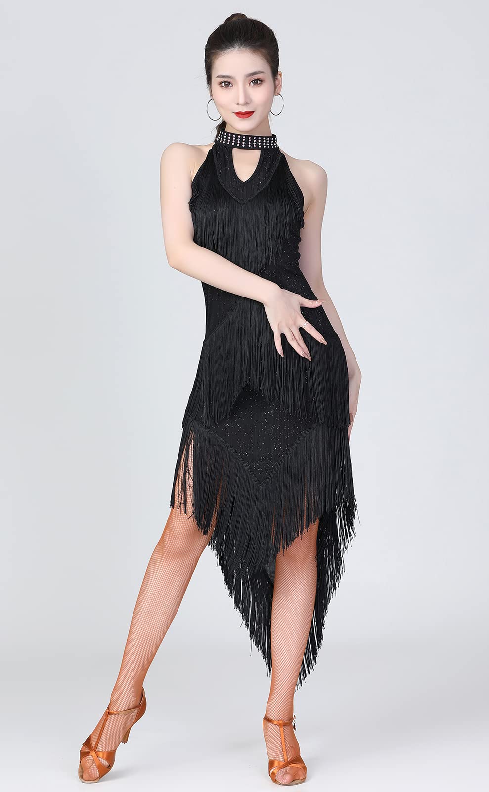 Elegant ZX Women's Ballroom Latin Tango Salsa Dance Dress - High Low Swallowtail Fringe Skirt with Built-in Shorts | Perfect for Dance Competitions, Performances & Social Dancing