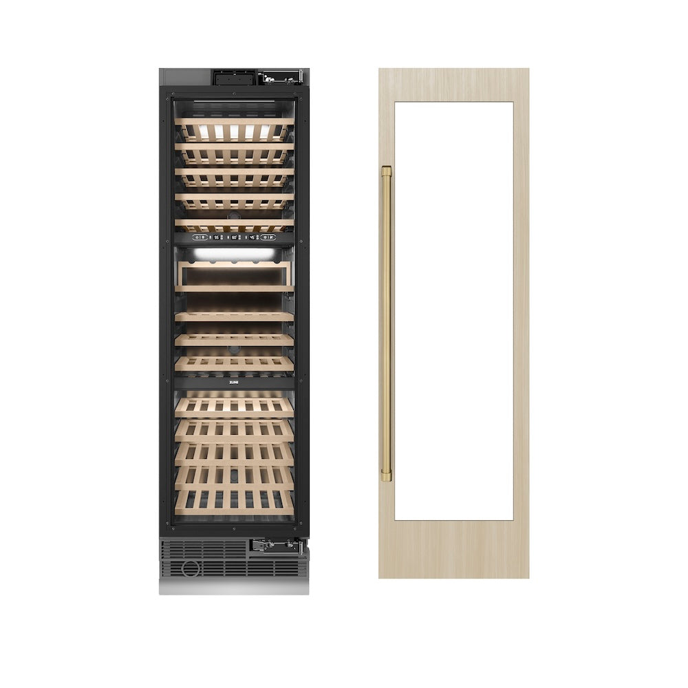 ZLINE Autograph Edition 24 Inch 12.4 Cu Ft Triple Zone 100 Bottle Panel Ready Column Wine Cooler with Champagne Bronze Accents - Perfect for Home Bars, Wine Cellars, and Entertaining Spaces (RBCWVZ 24 CB)