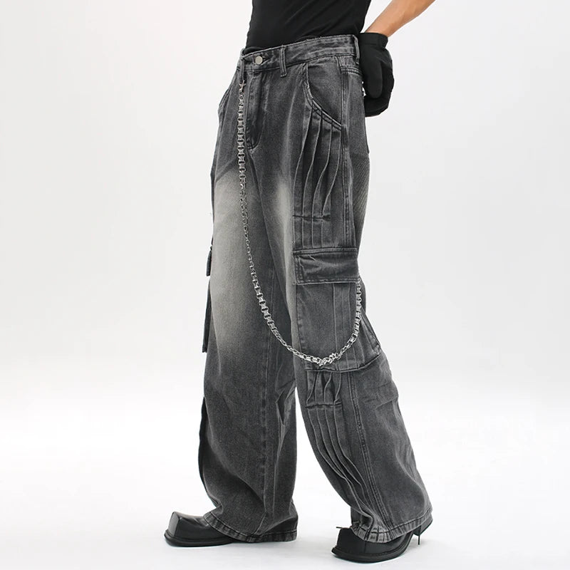 American Style Men's Denim Jeans - Pleated Deconstructed Straight Wide Leg Casual Pants for Men | Trendy Solid Color Bottoms | Perfect for Streetwear, Everyday Wear & Fashion Outfits
