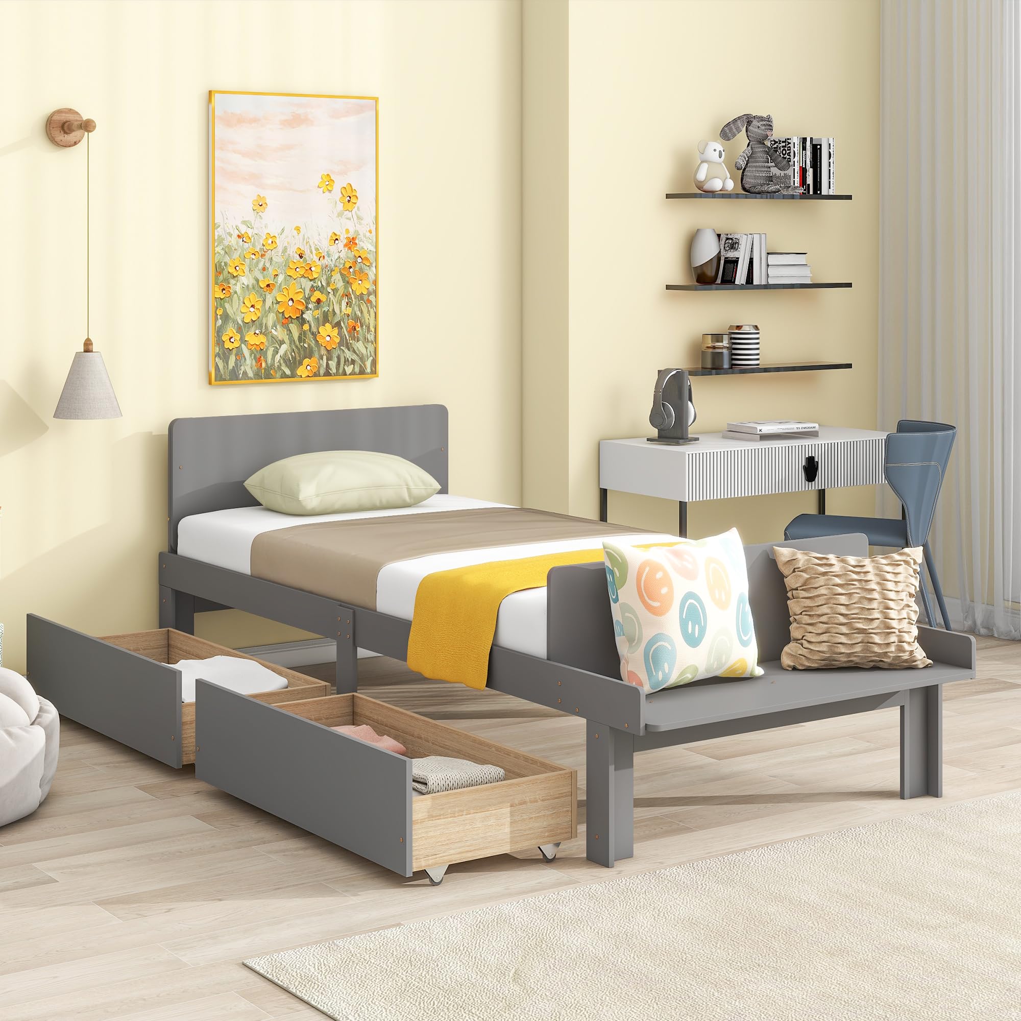 Dolonm Twin Bed Frame with Storage for Kids - Sturdy Pine Wood, No Box Spring Needed, Perfect for Small Bedrooms