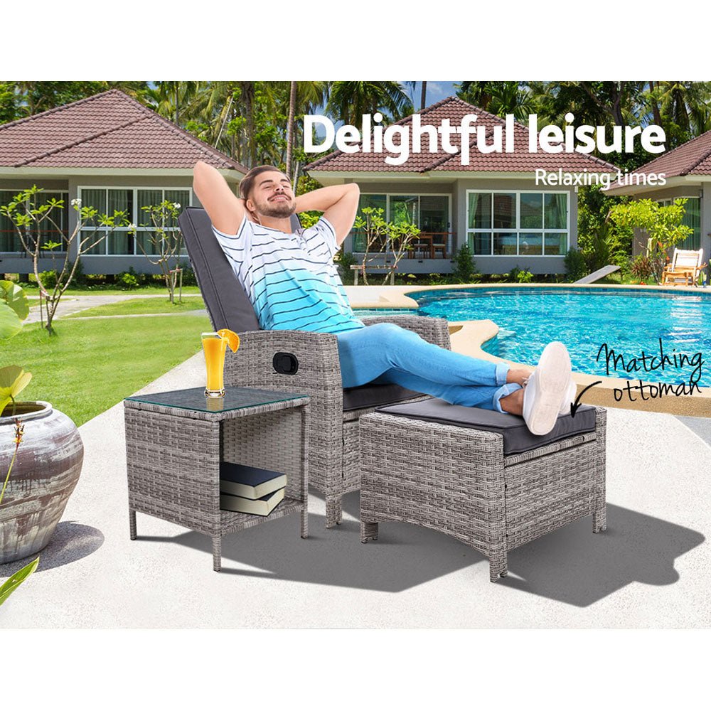 3-Piece Elise Outdoor Recliner Chair with Ottoman and Side Table Set - Grey Patio Furniture for Backyard, Poolside & Garden Relaxation