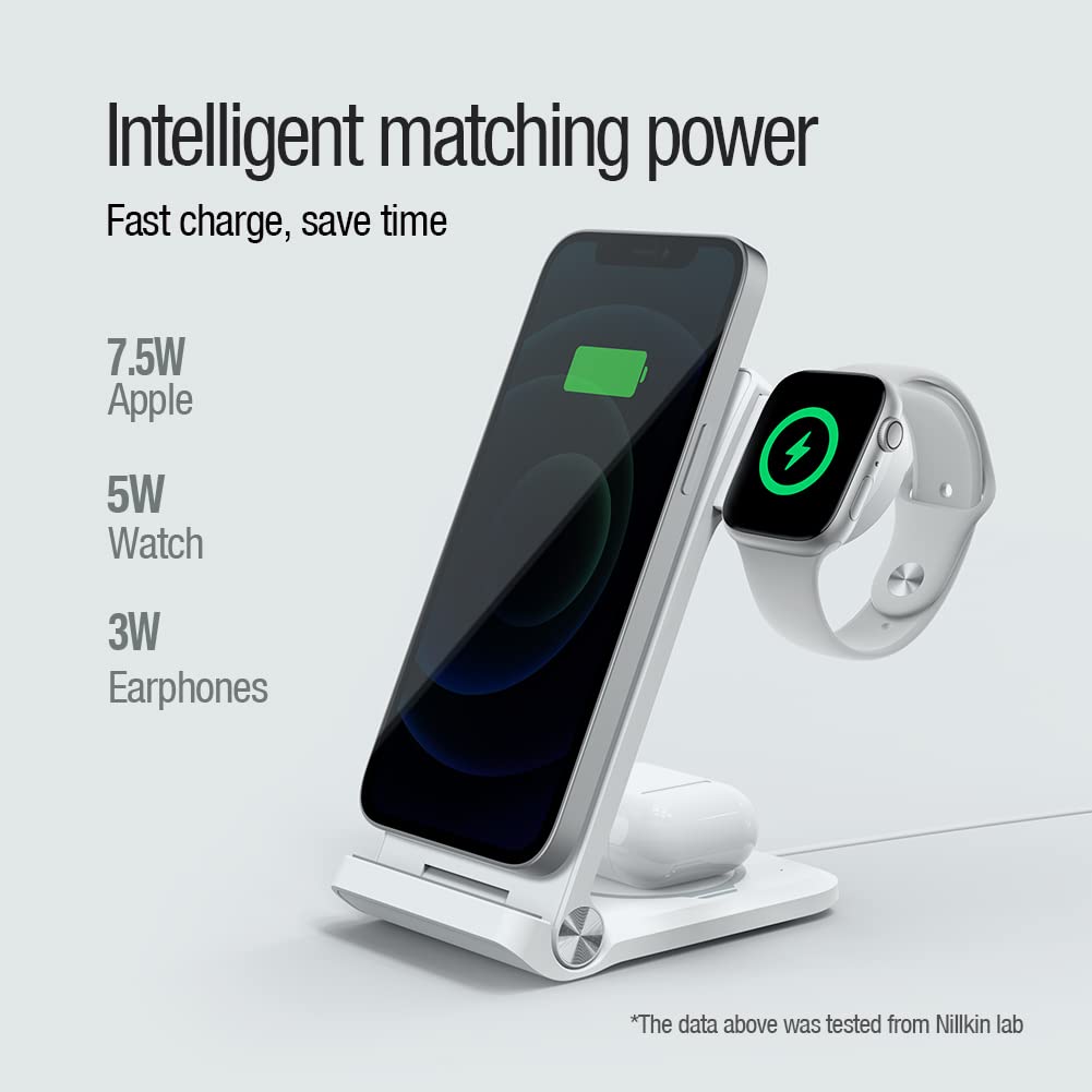 Nillkin 3-in-1 Magnetic Wireless Charging Station for iPhone 16/15/14/13/12 Pro Max, AirPods 2/3/Pro, Apple Watch Ultra/SE/8/7/6/5 - 18W Fast Foldable Charger Stand | Perfect for Bedside, Office & Travel