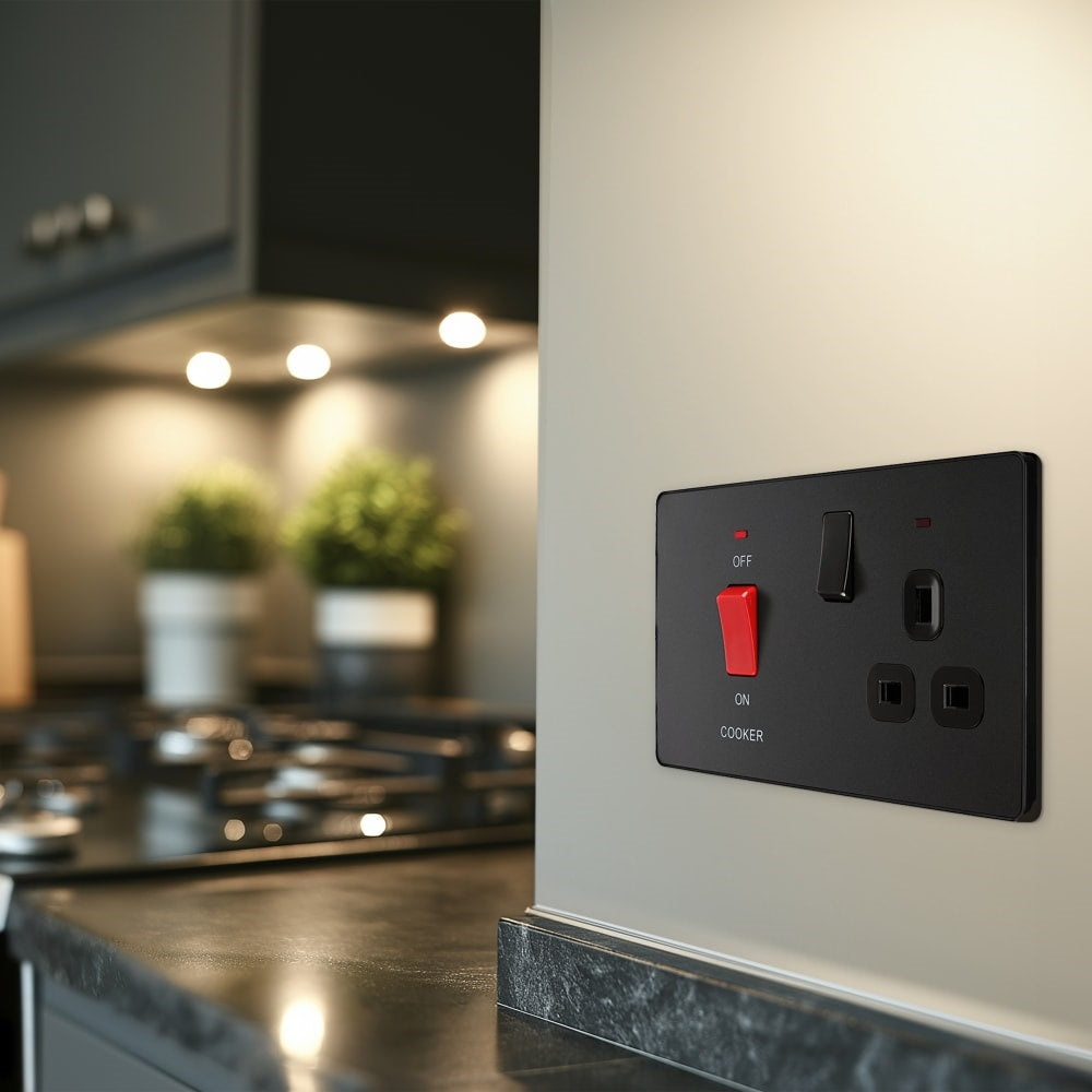 BG Evolve Matt Black 45A Double Pole Cooker Switch with LED Indicator - PCDMB70B - Perfect for Modern Kitchens and Home Appliances