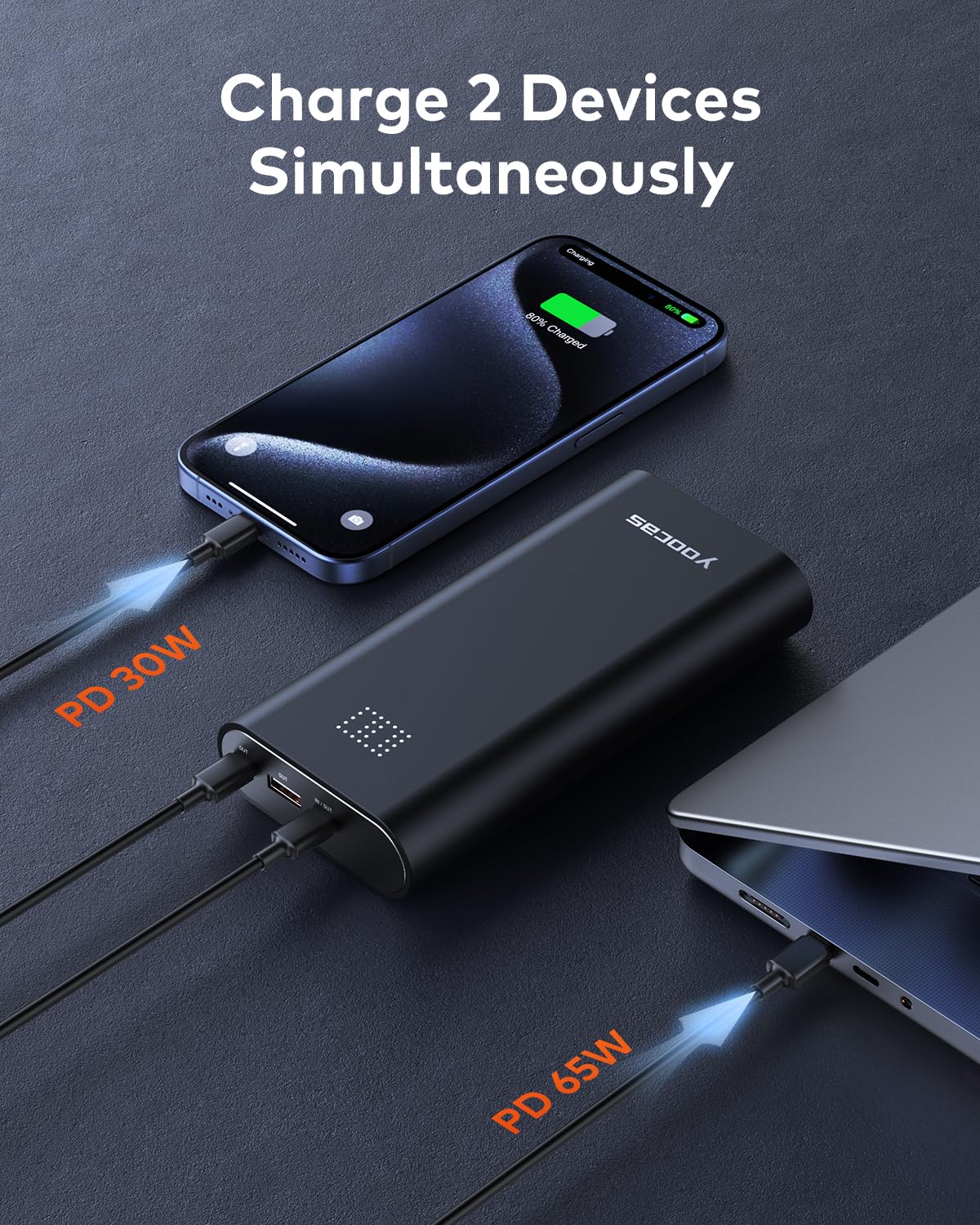 Yoocas 65W 20000mAh Portable Charger with USB-C Fast Charging | 95W Total Output for MacBook Air/Pro, HP, Dell, Lenovo Laptops | Compatible with Steam Deck, Nintendo Switch, iPad, iPhone & Android Phones | Perfect for Travel, Camping & Emergency Power Backup - Black