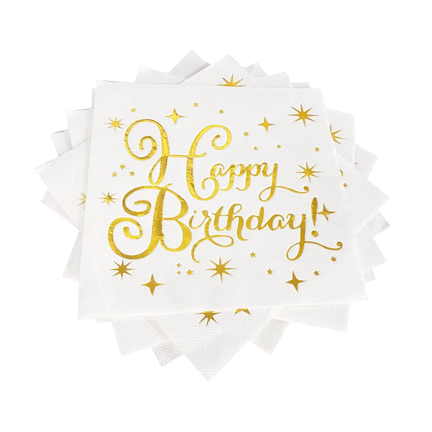 Apriciti 100-Pack White and Gold Birthday Paper Napkins - Square Party Beverage Cocktail Napkins with Gold Foil 